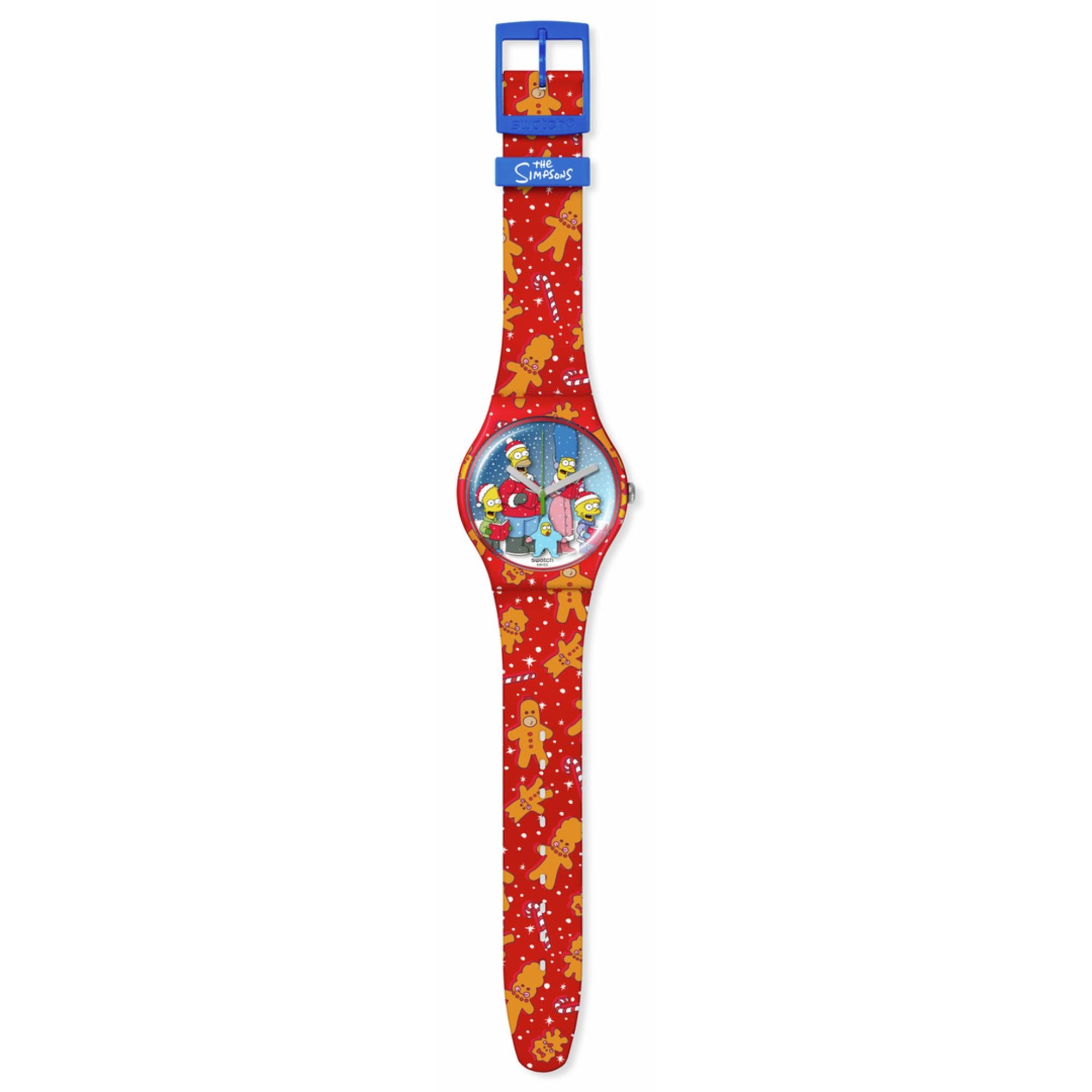 Swatch The Simpsons Collection Wondrous Winter Wonderland Quartz Red Dial Red Silicone Strap Unisex Watch SUOZ361