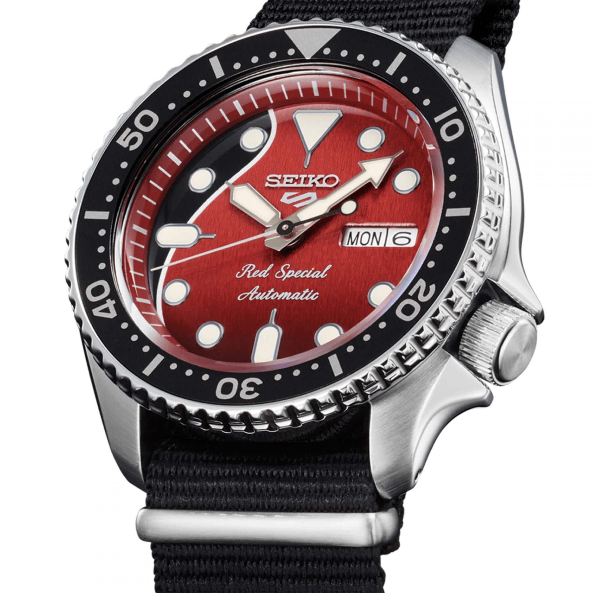Seiko 5 Sports Brian May x Limited Edition "Red Special" Automatic Guitar Dial Black  Nylon Military Strap Men's Watch SRPE83K1