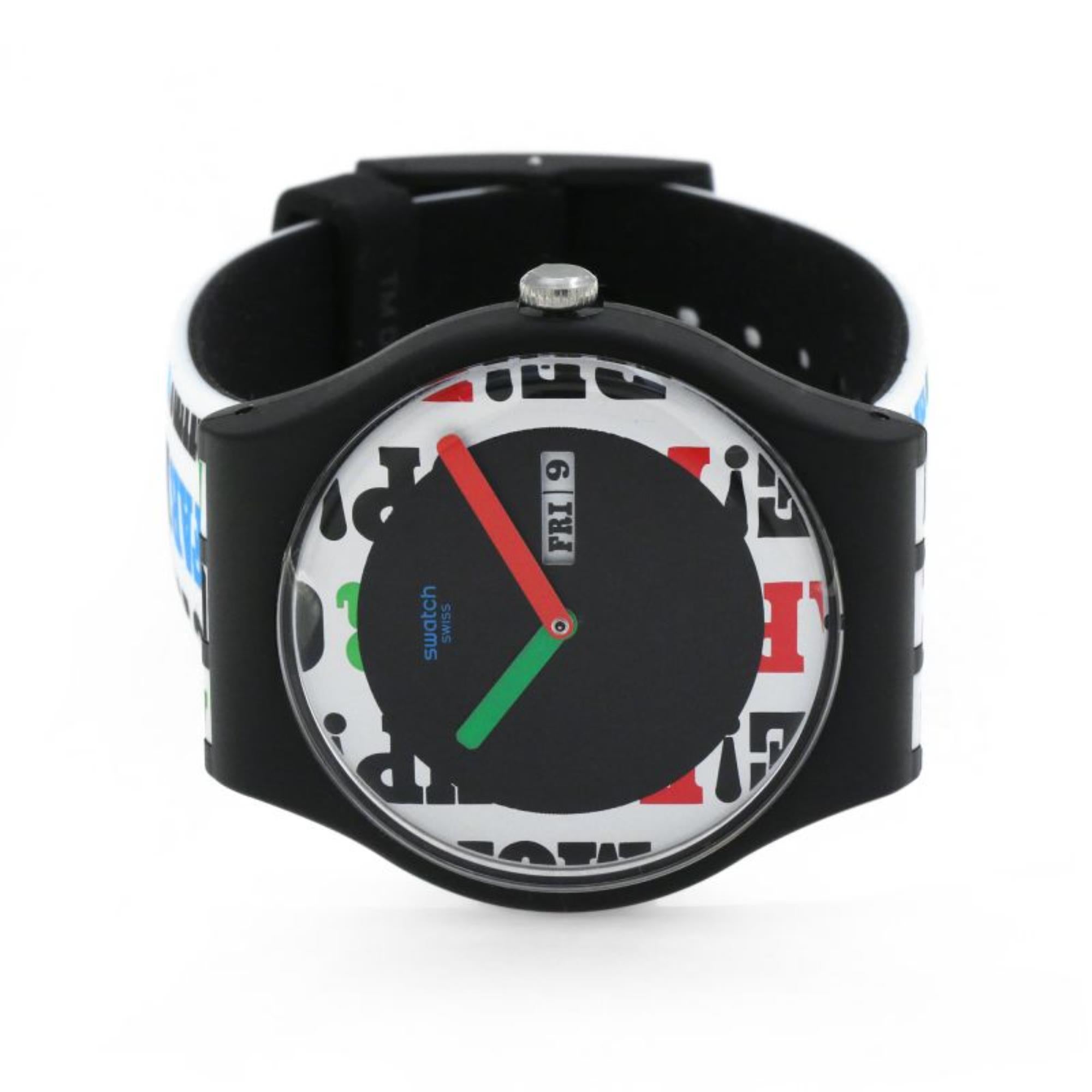 Swatch James Bond On her Majesty's Secret Service 1969 Limited Special Edition White &; Black Dial Multi Colour Text Strap Watch SUOZ715