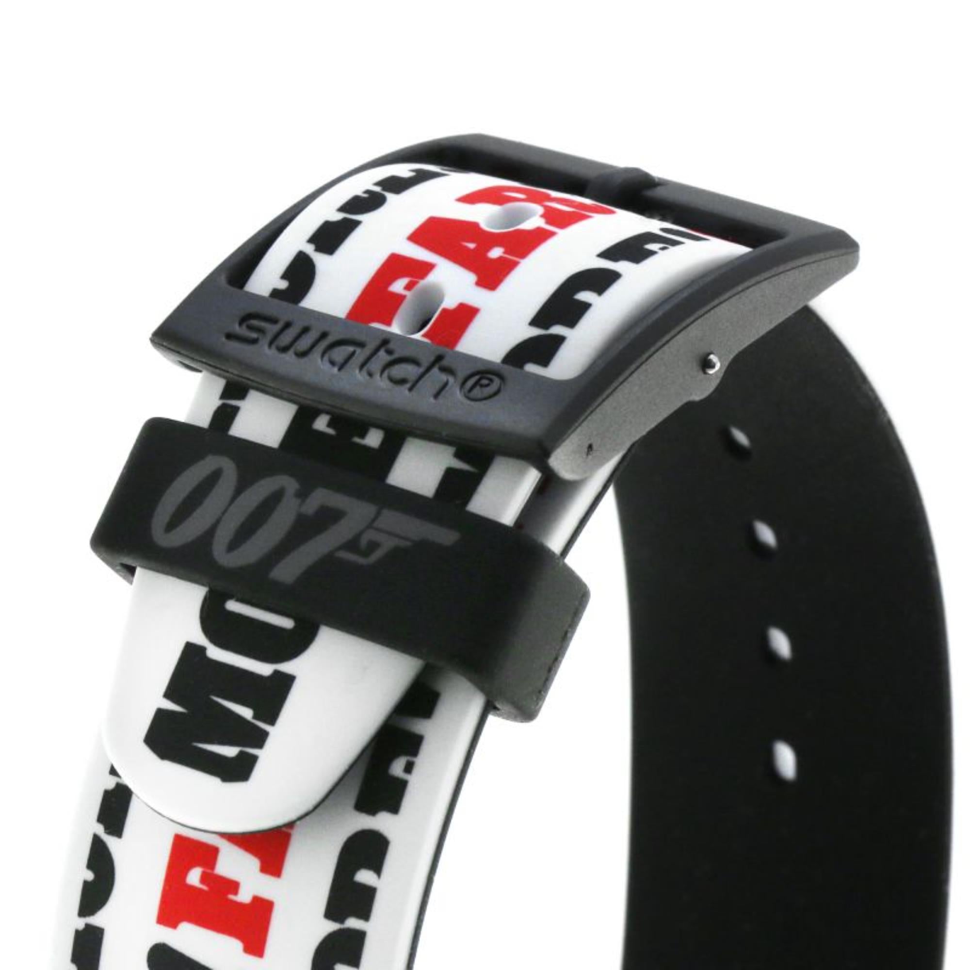 Swatch James Bond On her Majesty's Secret Service 1969 Limited Special Edition White &; Black Dial Multi Colour Text Strap Watch SUOZ715
