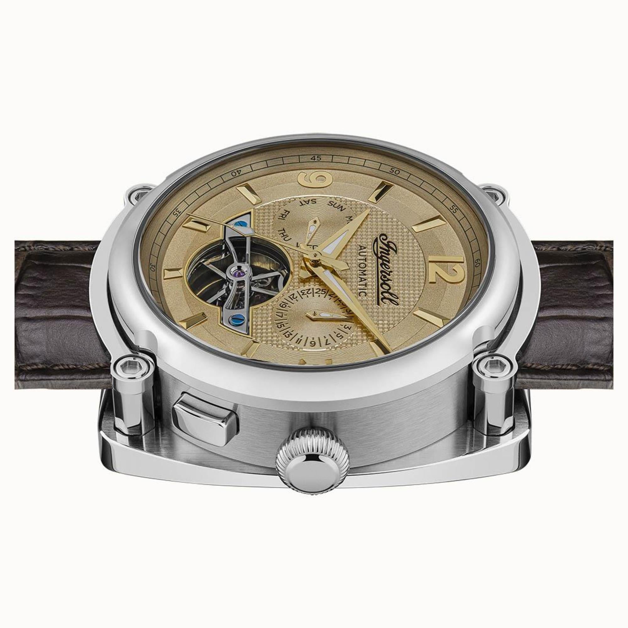 Ingersoll ‘The Michigan’ Automatic Champagne Chronograph Dial Brown Leather Strap Men's Watch I01108