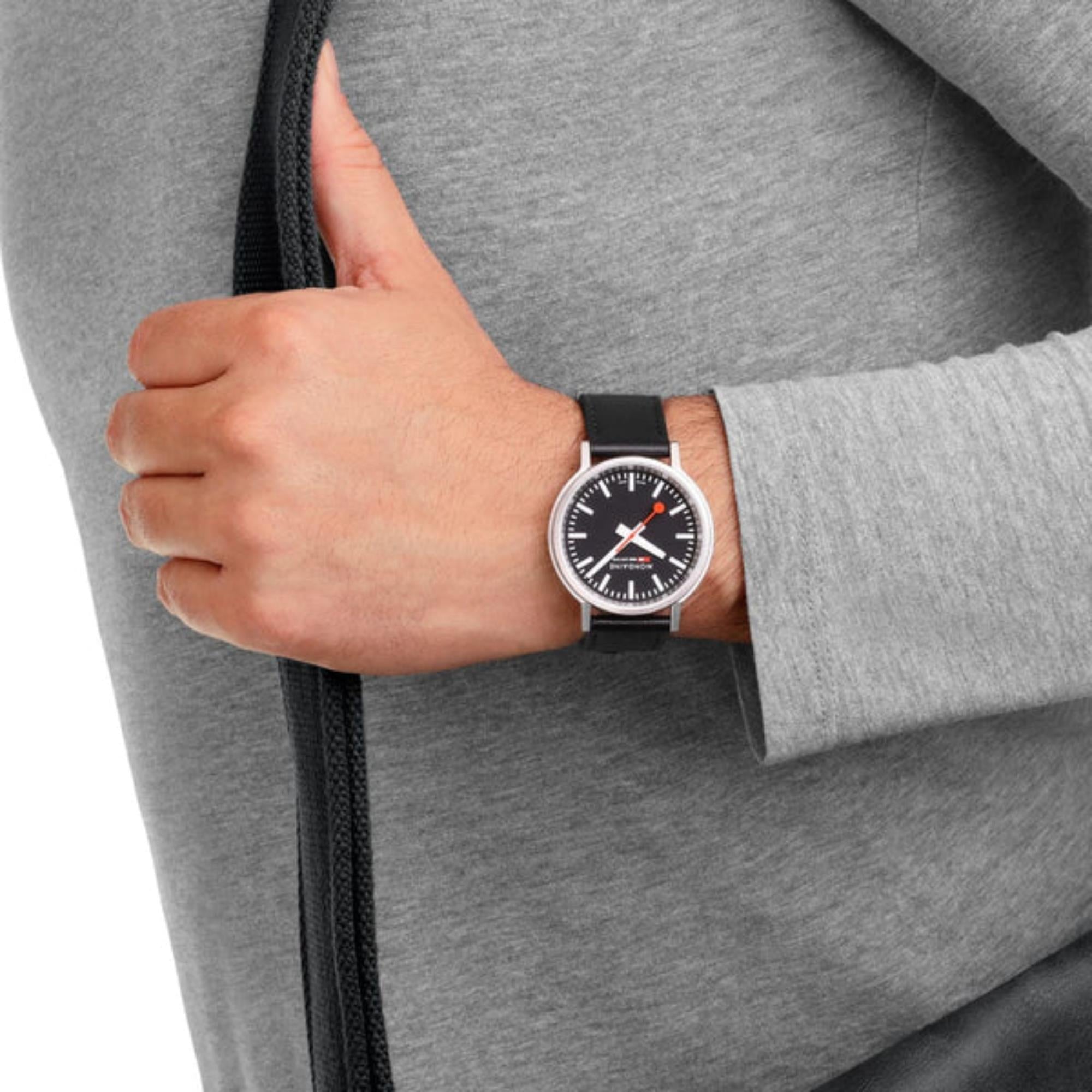 Mondaine stop2go Quartz Black Dial Black Vegan Grape Leather Strap Mens Watch MST.41020.LBV.2SE