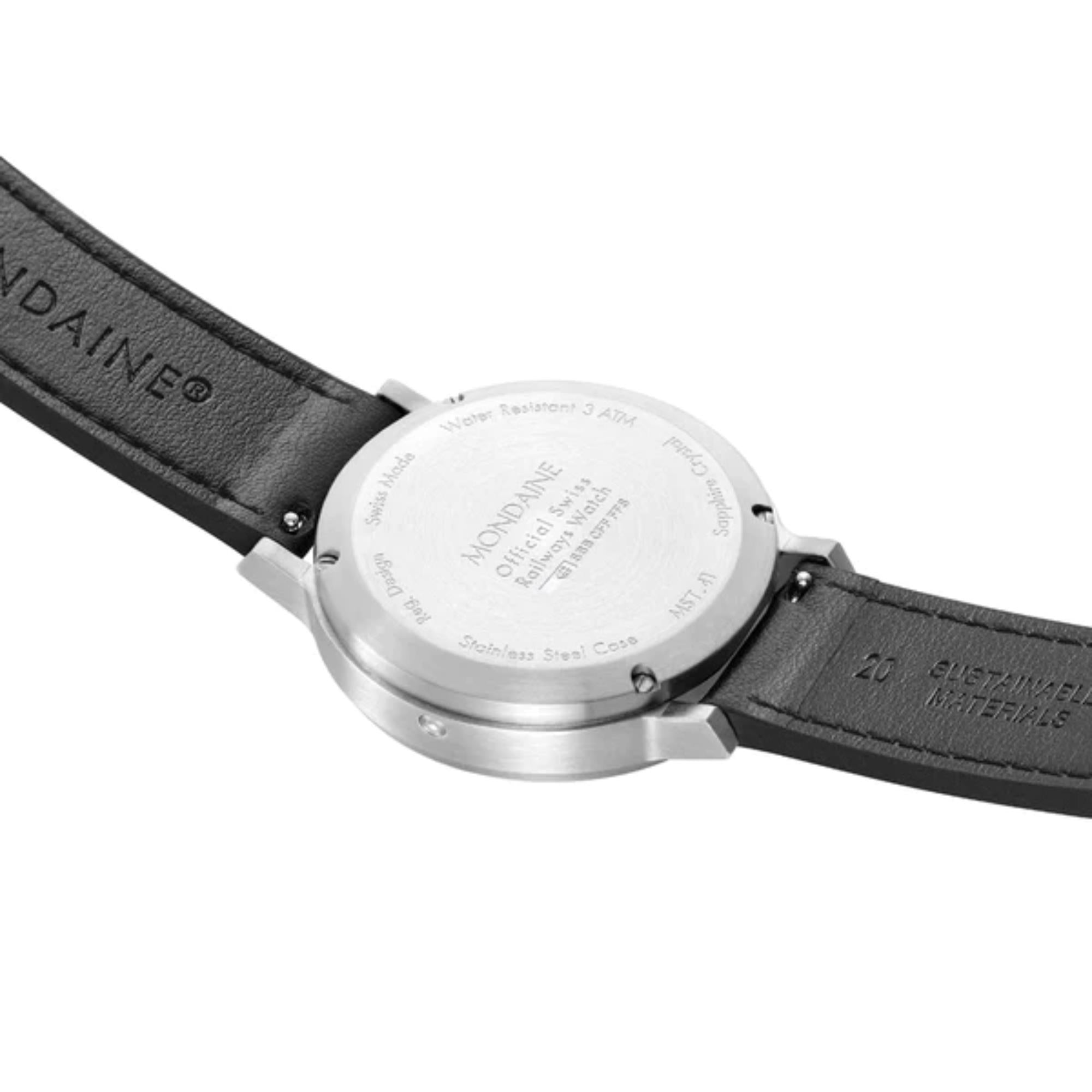 Mondaine stop2go Quartz Black Dial Black Vegan Grape Leather Strap Mens Watch MST.41020.LBV.2SE