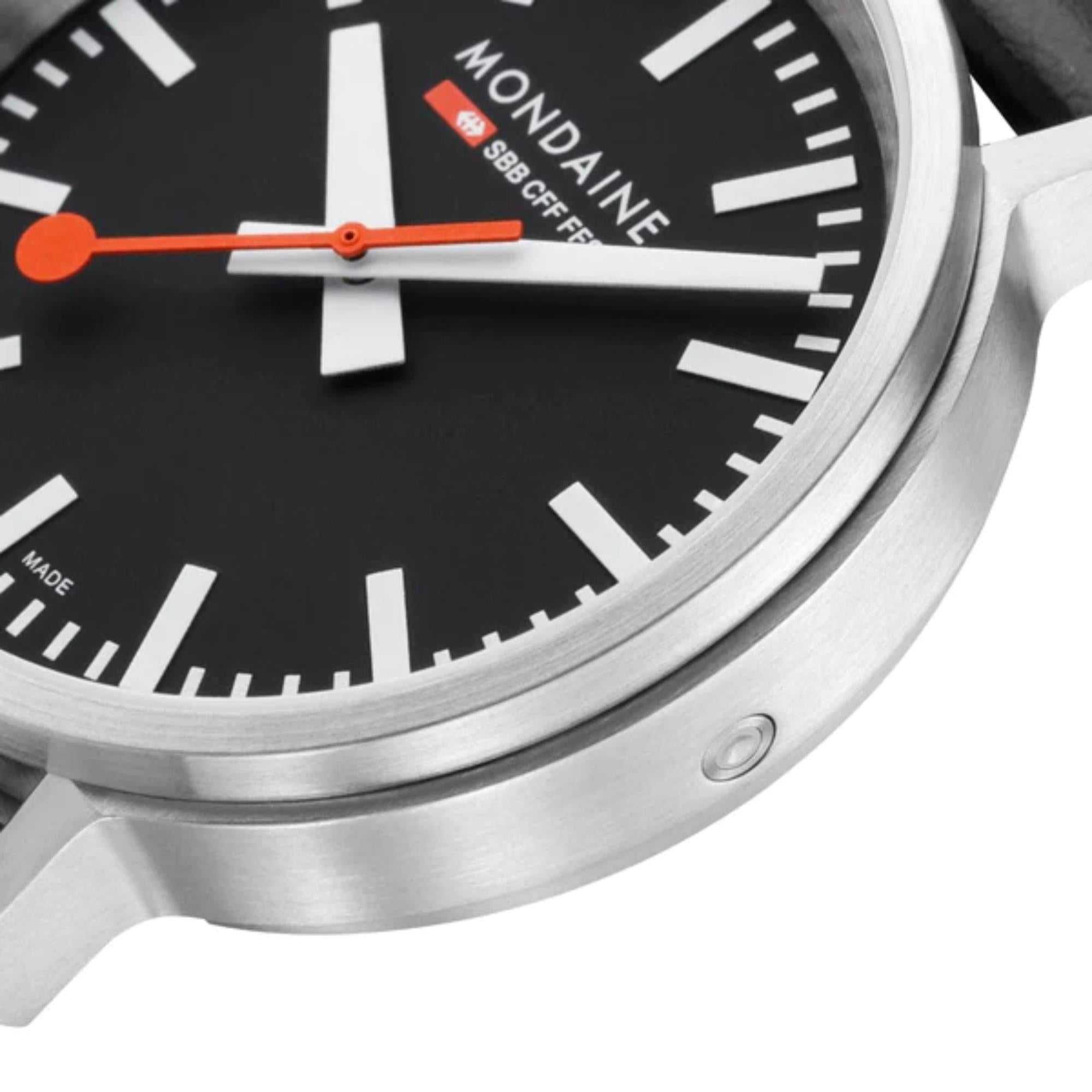 Mondaine stop2go Quartz Black Dial Black Vegan Grape Leather Strap Mens Watch MST.41020.LBV.2SE