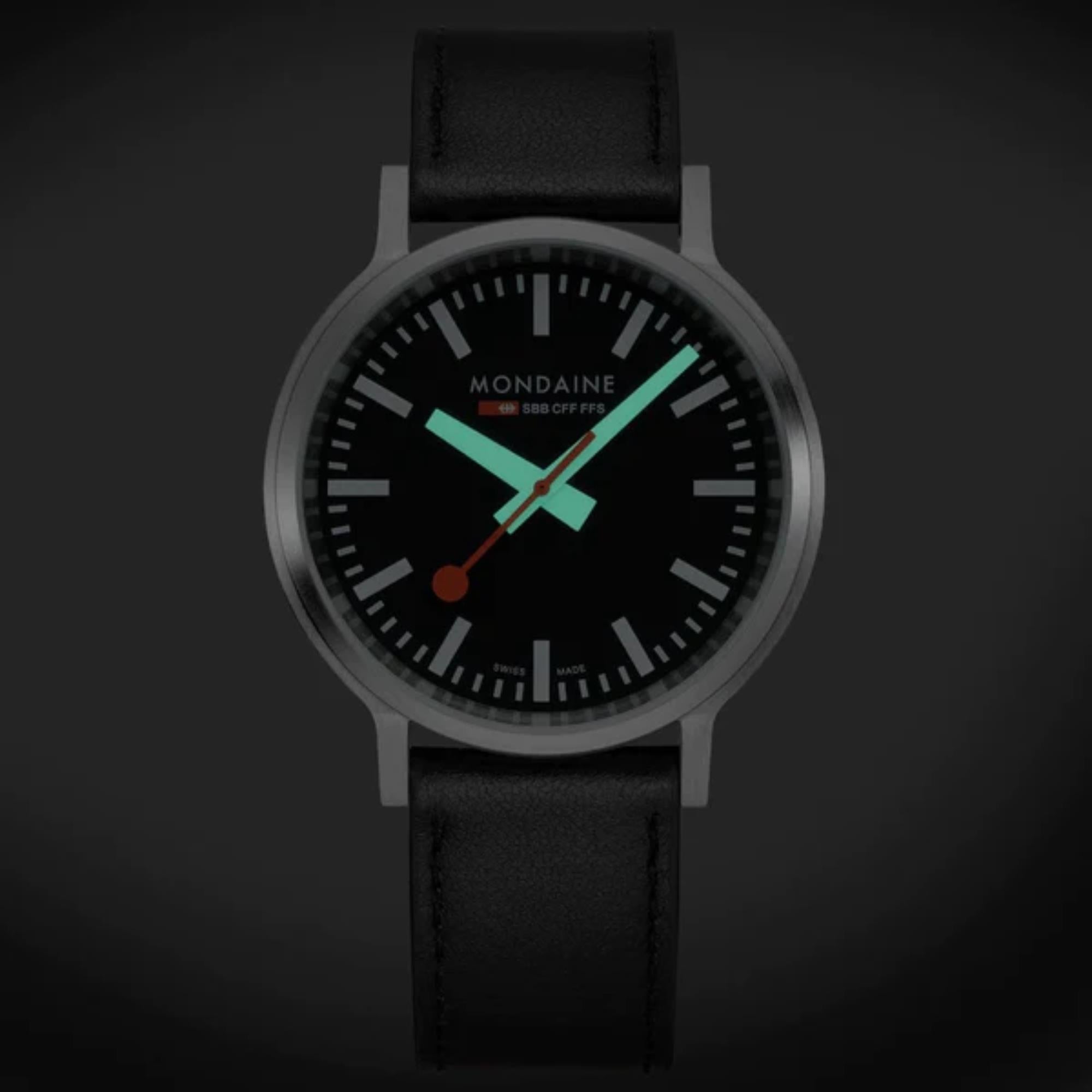 Mondaine stop2go Quartz Black Dial Black Vegan Grape Leather Strap Mens Watch MST.41020.LBV.2SE