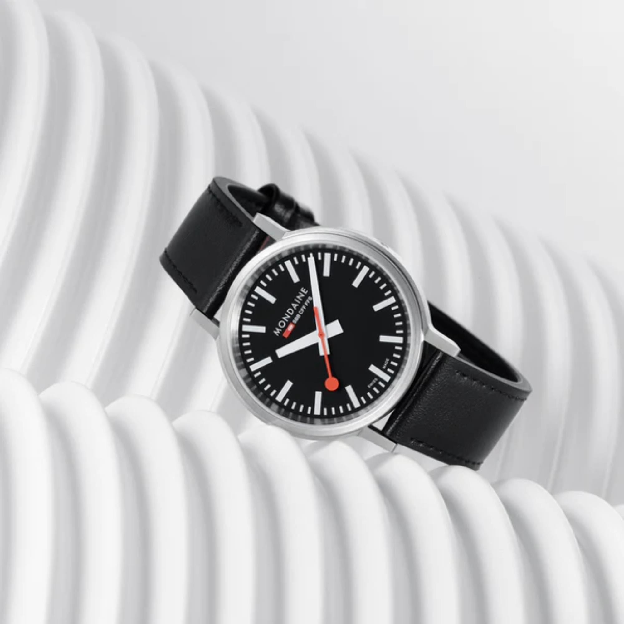 Mondaine stop2go Quartz Black Dial Black Vegan Grape Leather Strap Mens Watch MST.41020.LBV.2SE