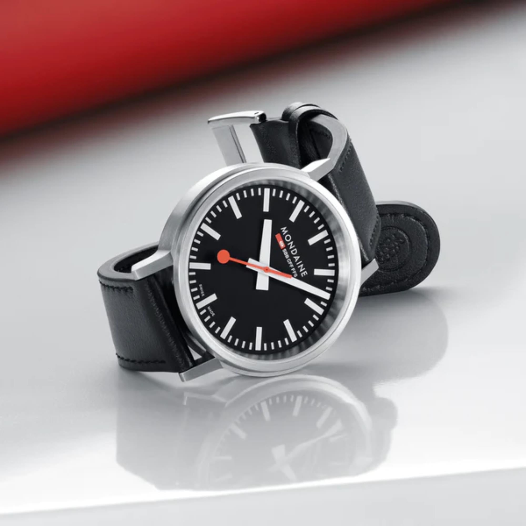 Mondaine stop2go Quartz Black Dial Black Vegan Grape Leather Strap Mens Watch MST.41020.LBV.2SE