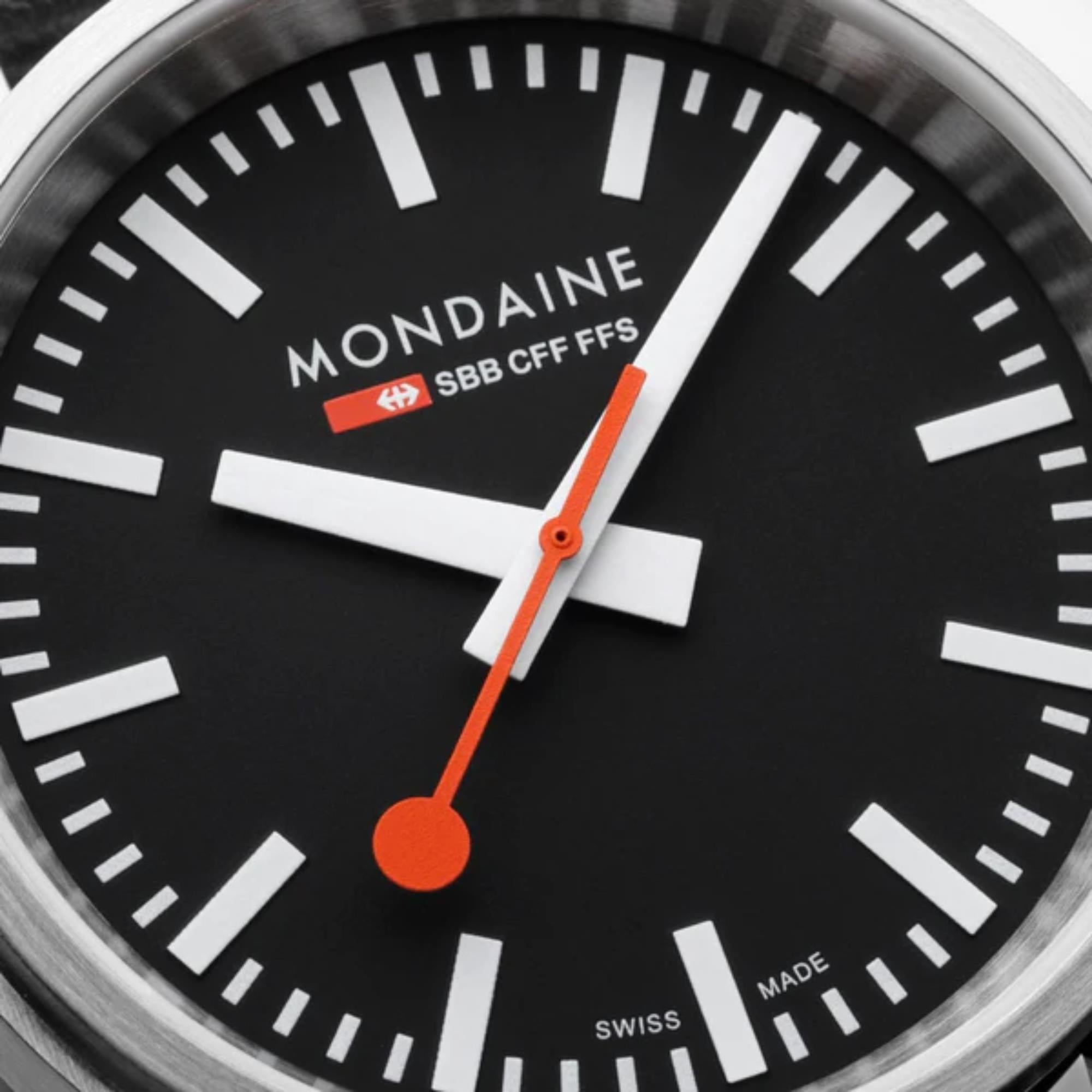 Mondaine stop2go Quartz Black Dial Black Vegan Grape Leather Strap Mens Watch MST.41020.LBV.2SE