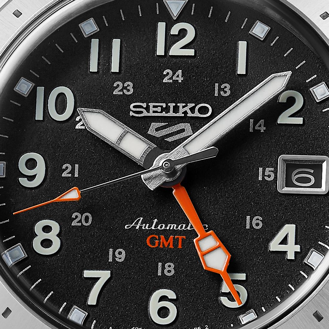 Seiko 5 Sports Field Deploy Mechanical GMT Automatic Black Dial Stainless Steel Bracelet Men's Watch SSK023K1