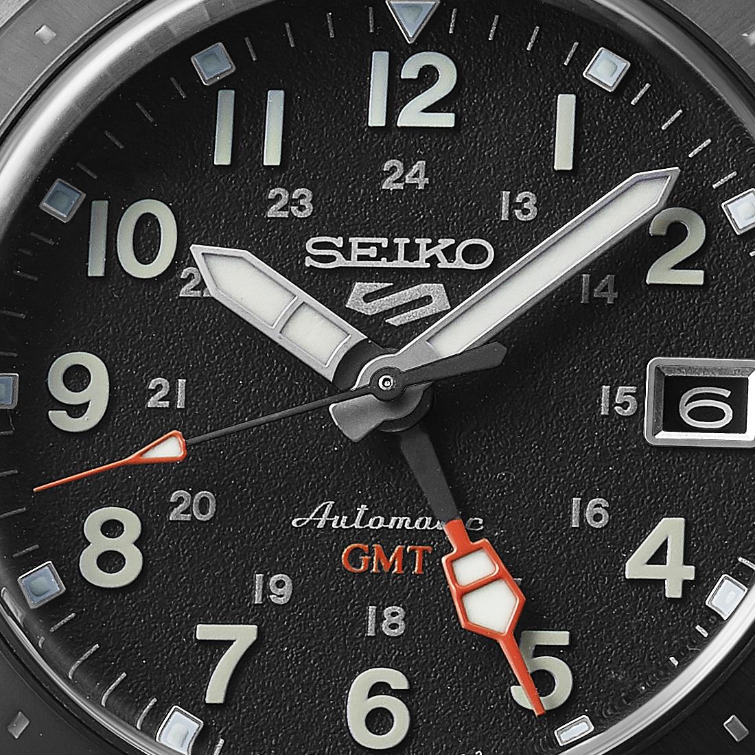 Seiko 5 Sports Field Deception Mechanical GMT Automatic Black Dial Black Leather Strap Bracelet Men's Watch SSK025K1