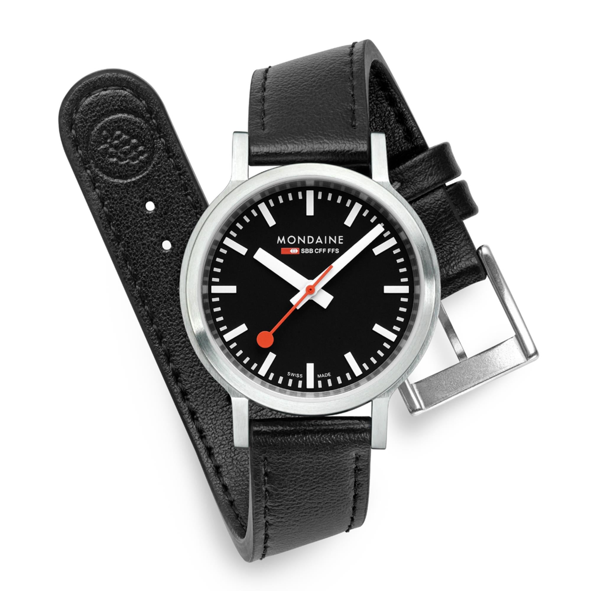 Mondaine stop2go Quartz Black Dial Black Vegan Grape Leather Strap Unisex Watch MST.34020.LBV.SET
