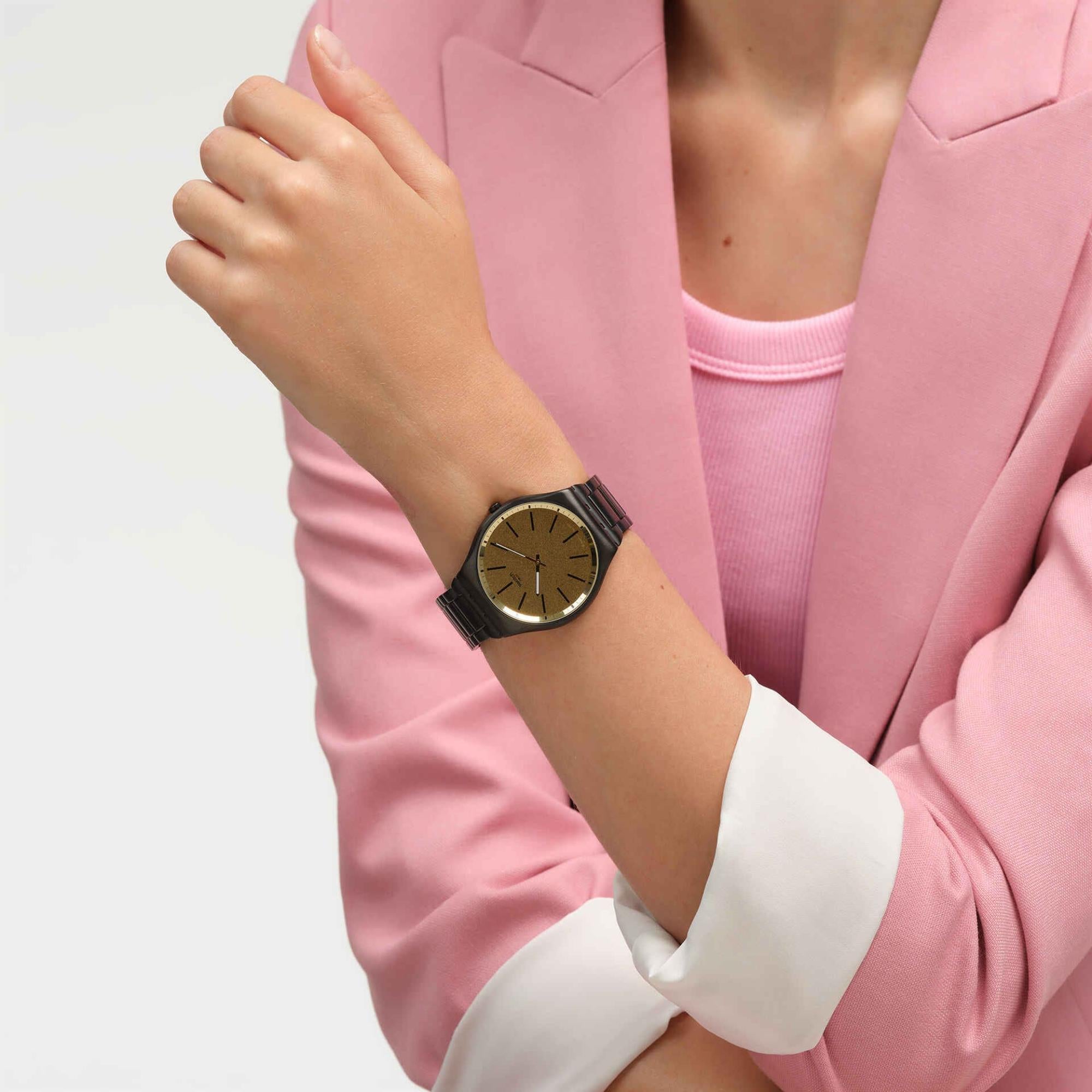 Swatch Holiday Collection Dashing Slate Quartz Gold Dial Black PVD Stainless Steel Case Unisex Watch SS07B109G