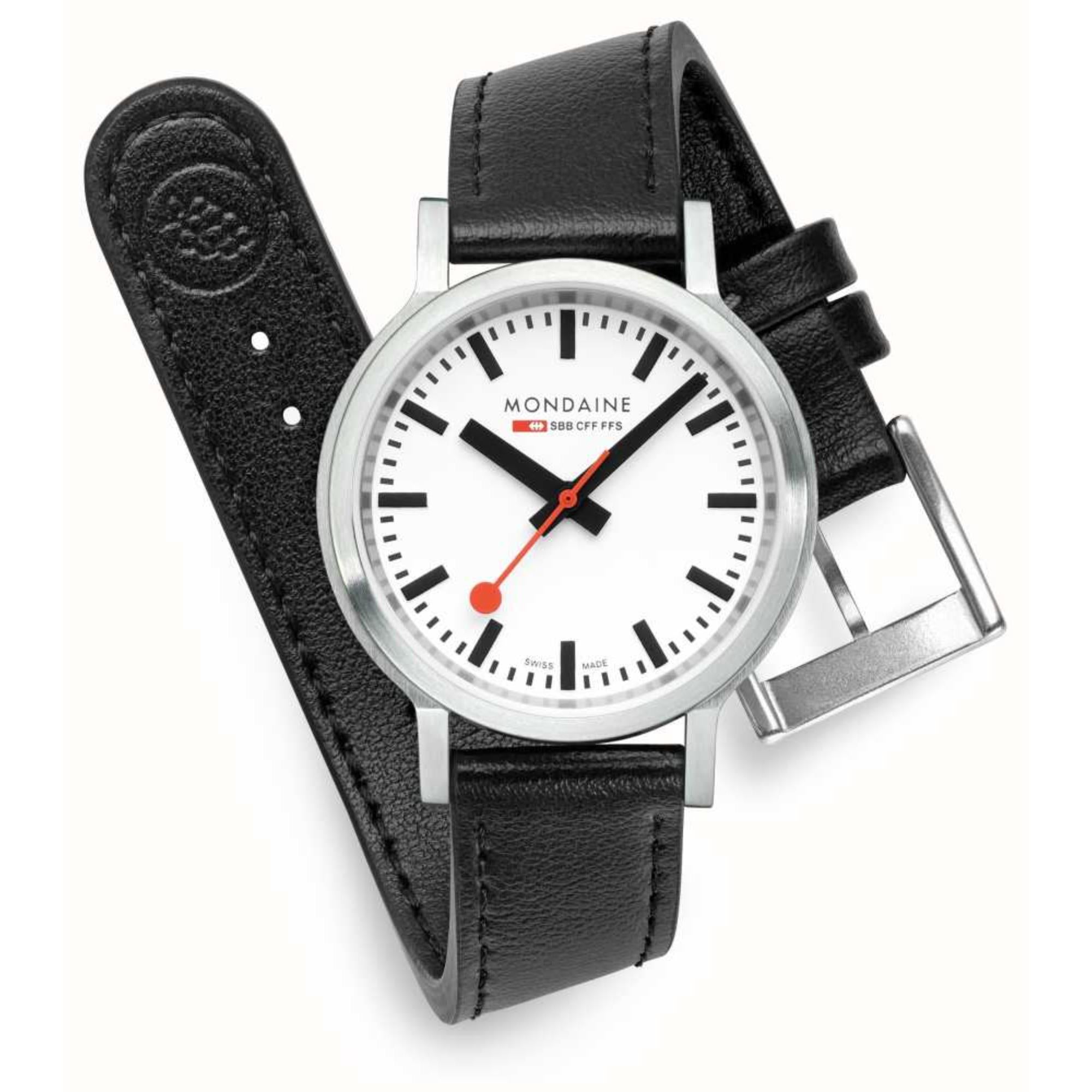 Mondaine stop2go Quartz White Dial Black Vegan Grape Leather Strap Unisex Watch MST.3401B.LBV.SET
