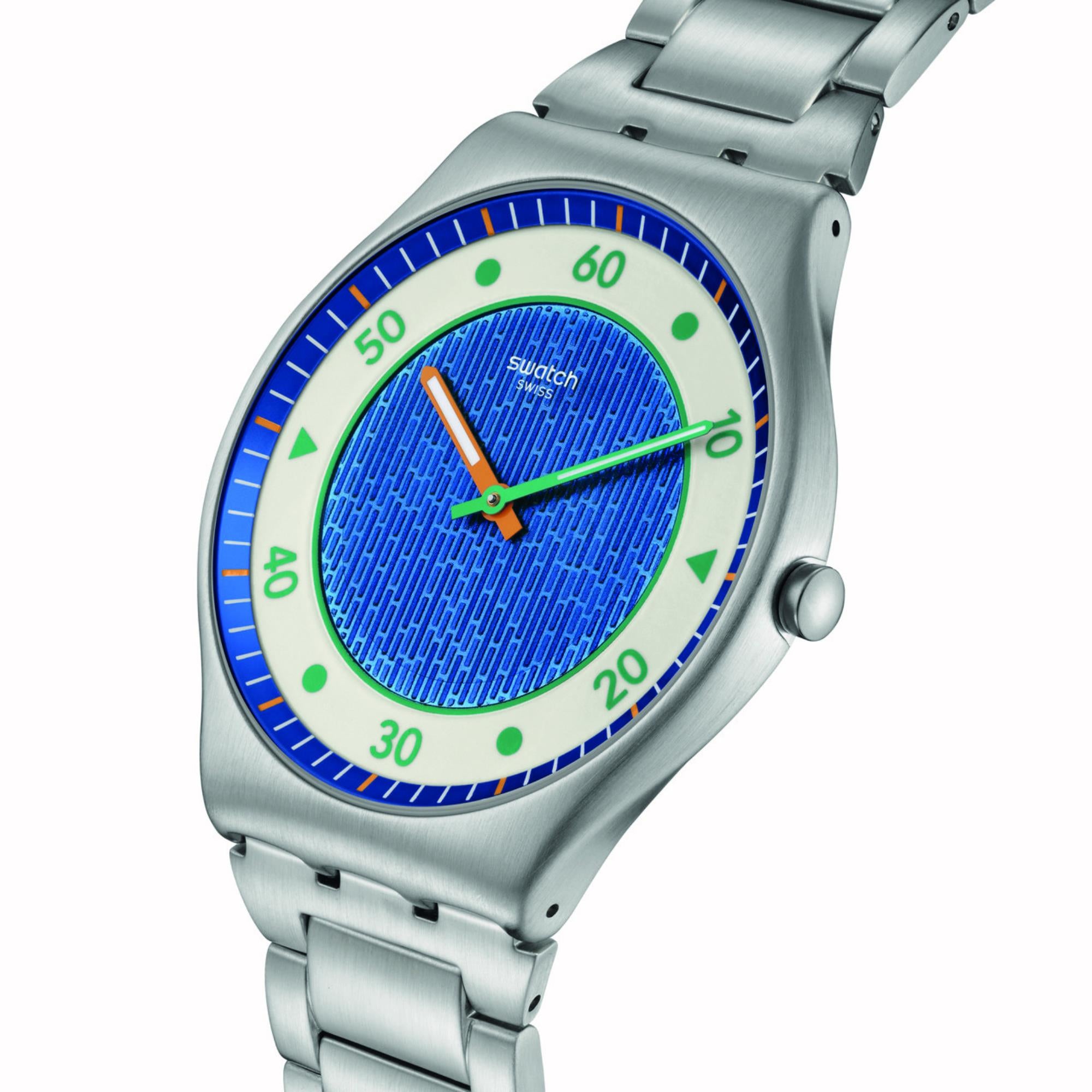 Swatch Skin Irony Splash Dance Quartz Blue Dial Stainless Steel Bracelet Unisex Watch SS07S143G