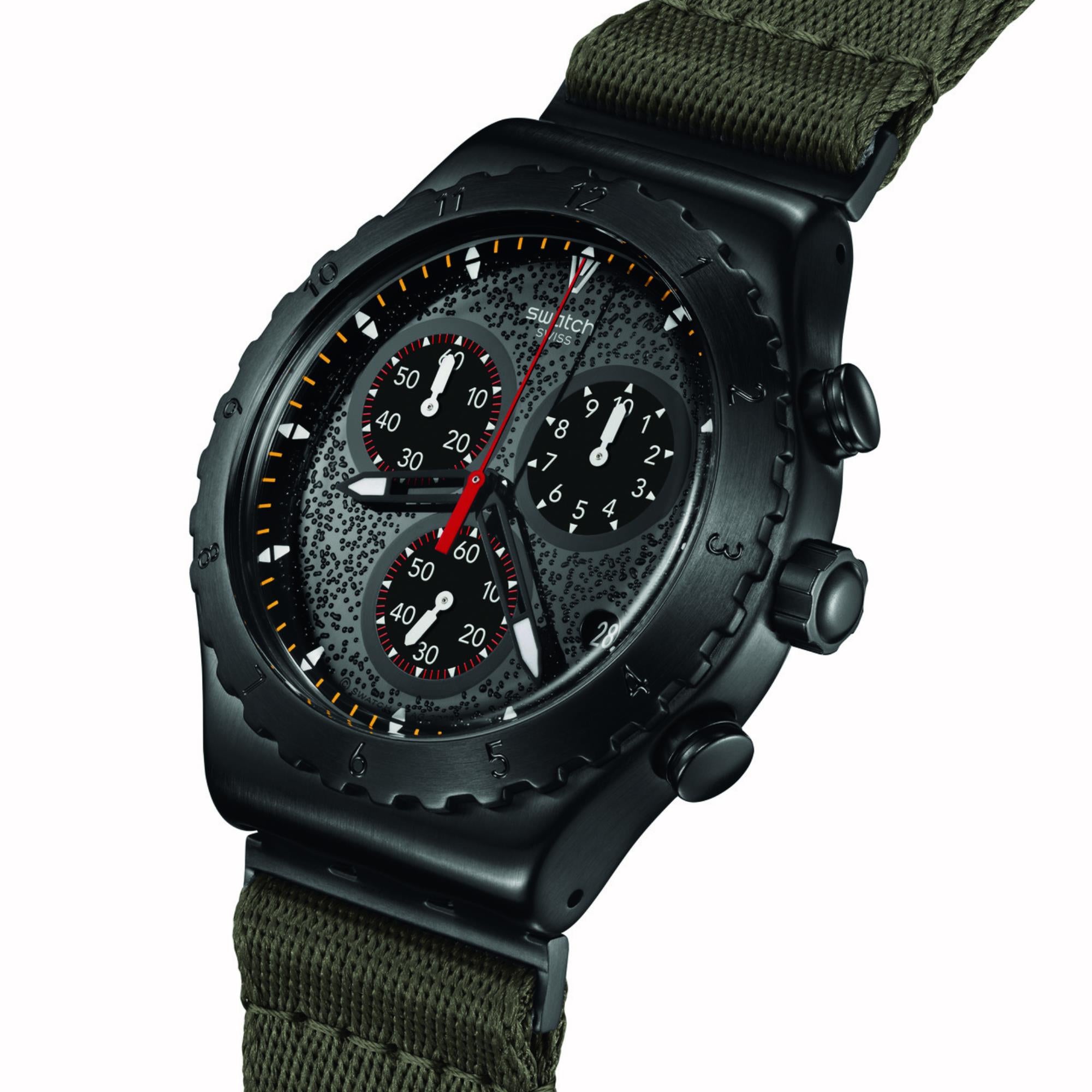 Swatch Powers Of Nature By The Bonfire Quartz Black Chronograph Dial Green Textile Strap Unisex Watch YVB416