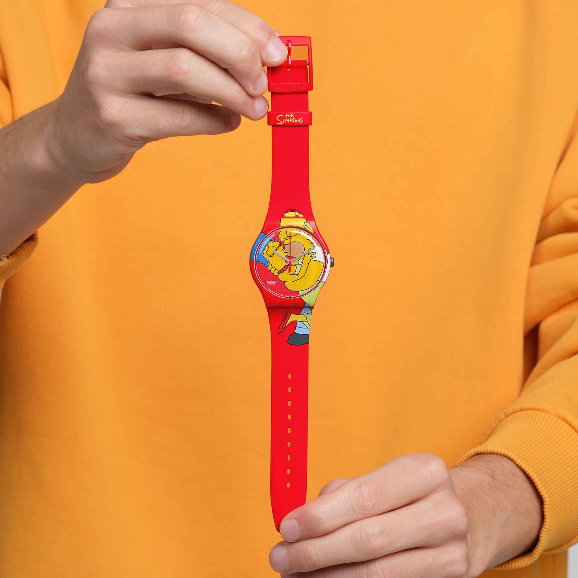 Swatch The Simpsons Collection Sweet Embrace Quartz Red Dial Silicone Strap Unisex Watch SO29Z120