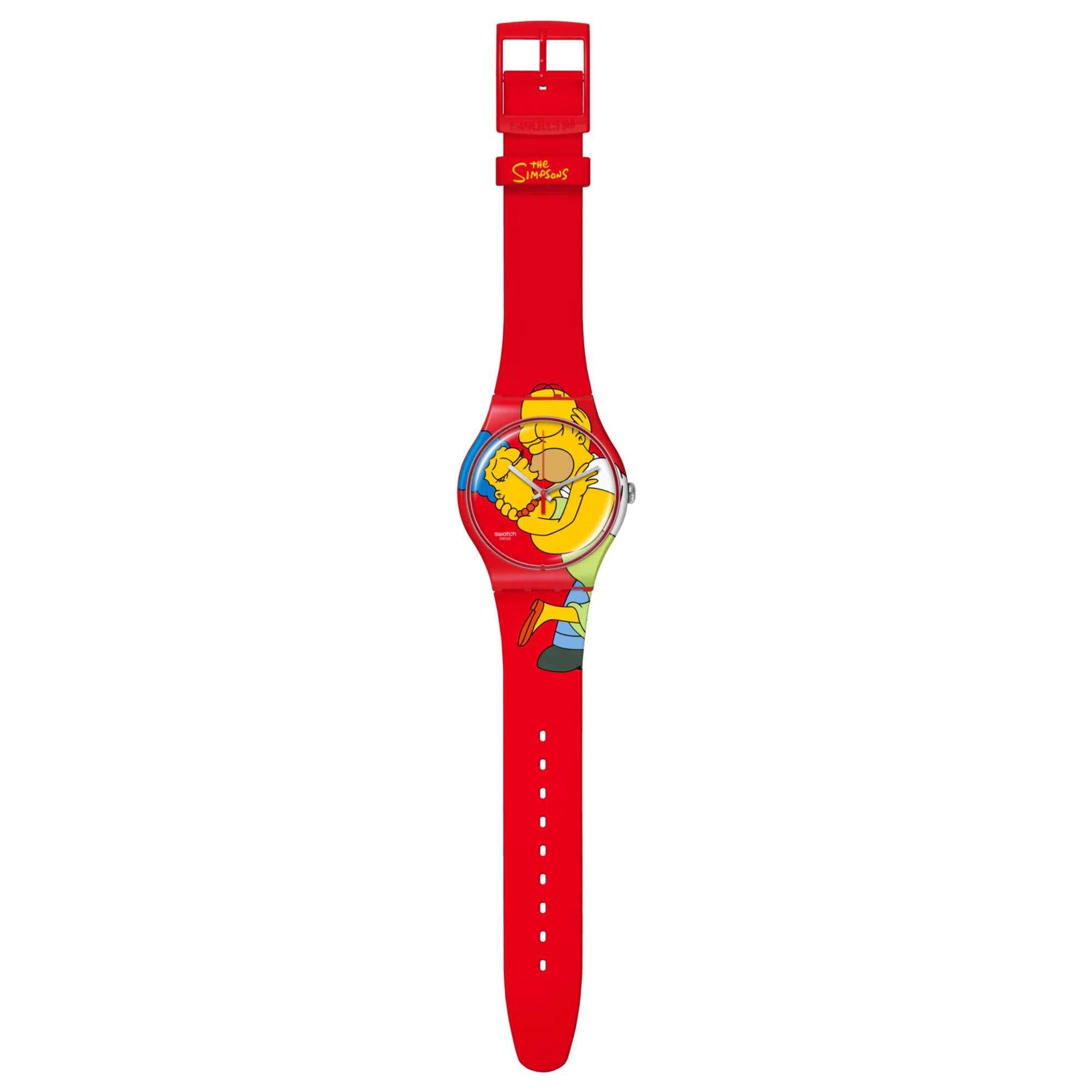 Swatch The Simpsons Collection Sweet Embrace Quartz Red Dial Silicone Strap Unisex Watch SO29Z120