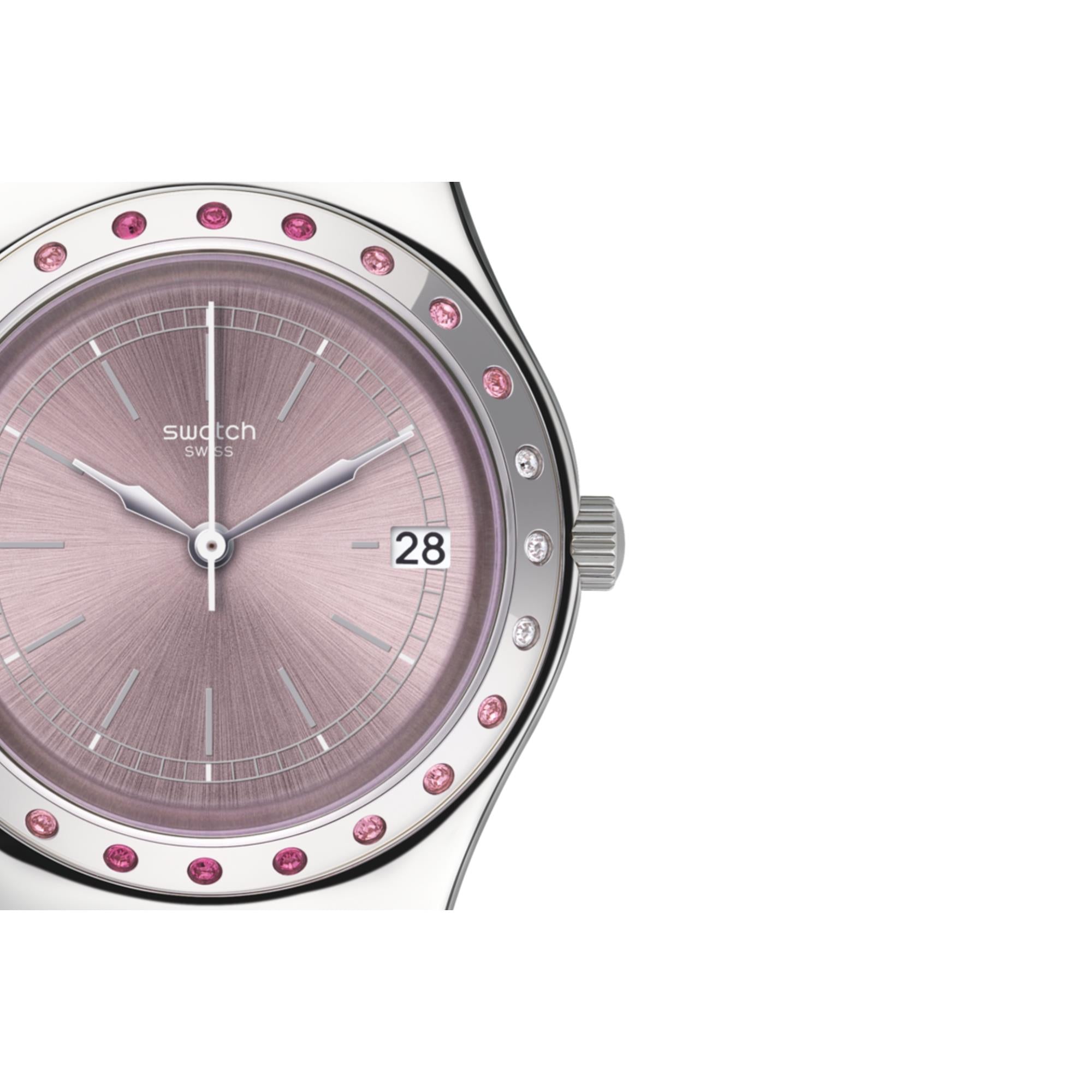 Swatch Pinkaround Quartz Pink Dial Stainless Steel Bracelet Ladies Watch YLS455G