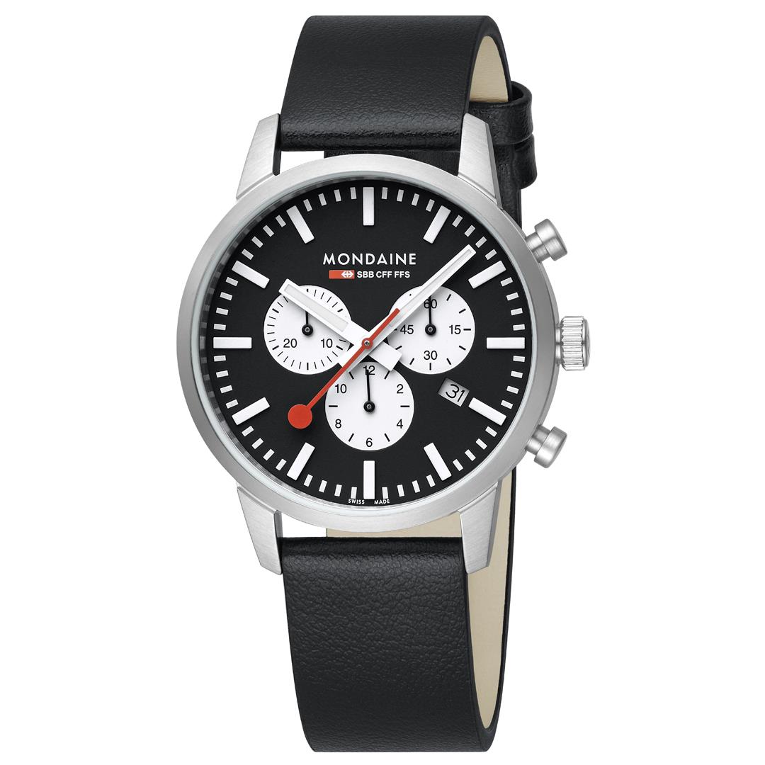 Mondaine Neo SBB Chrono Black Dial Grape Leather Strap Men's Watch MSD.41420.LBV
