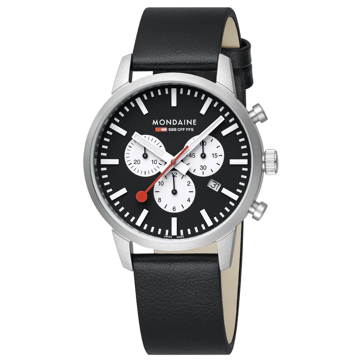 Mondaine Neo SBB Chrono Black Dial Grape Leather Strap Men's Watch MSD.41420.LBV