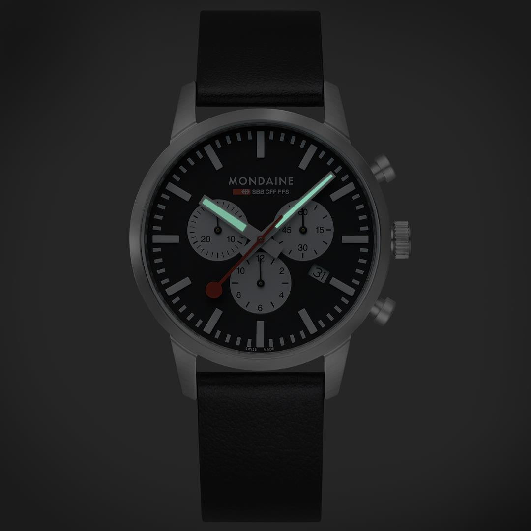 Mondaine Neo SBB Chrono Black Dial Grape Leather Strap Men's Watch MSD.41420.LBV