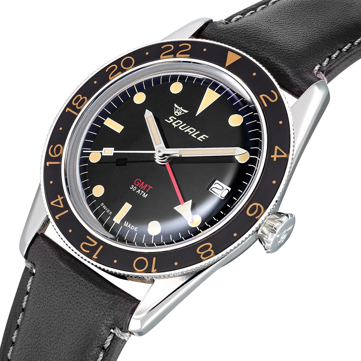 Squale Sub-39 GMT Vintage Automatic Black Dial Black Leather Strap Men's Watch SUB39GMTV.PN