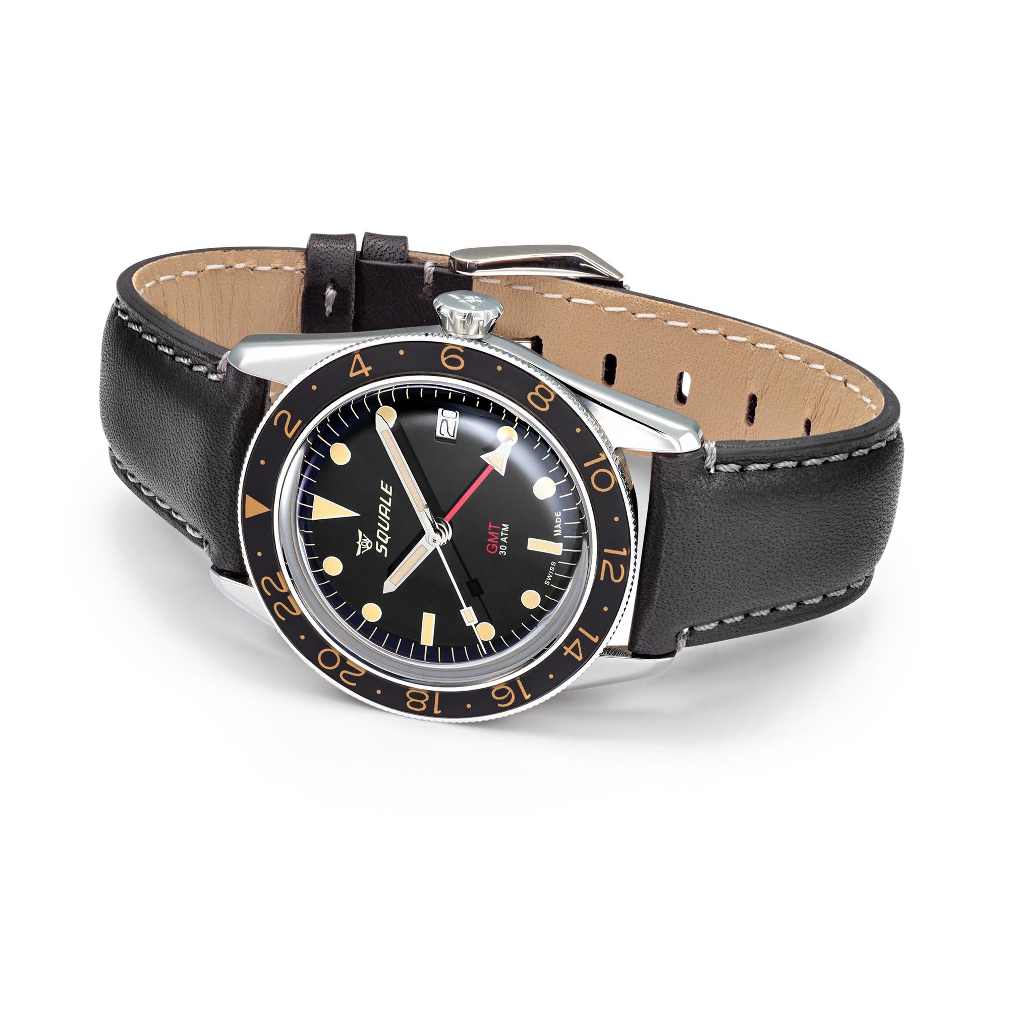 Squale Sub-39 GMT Vintage Automatic Black Dial Black Leather Strap Men's Watch SUB39GMTV.PN