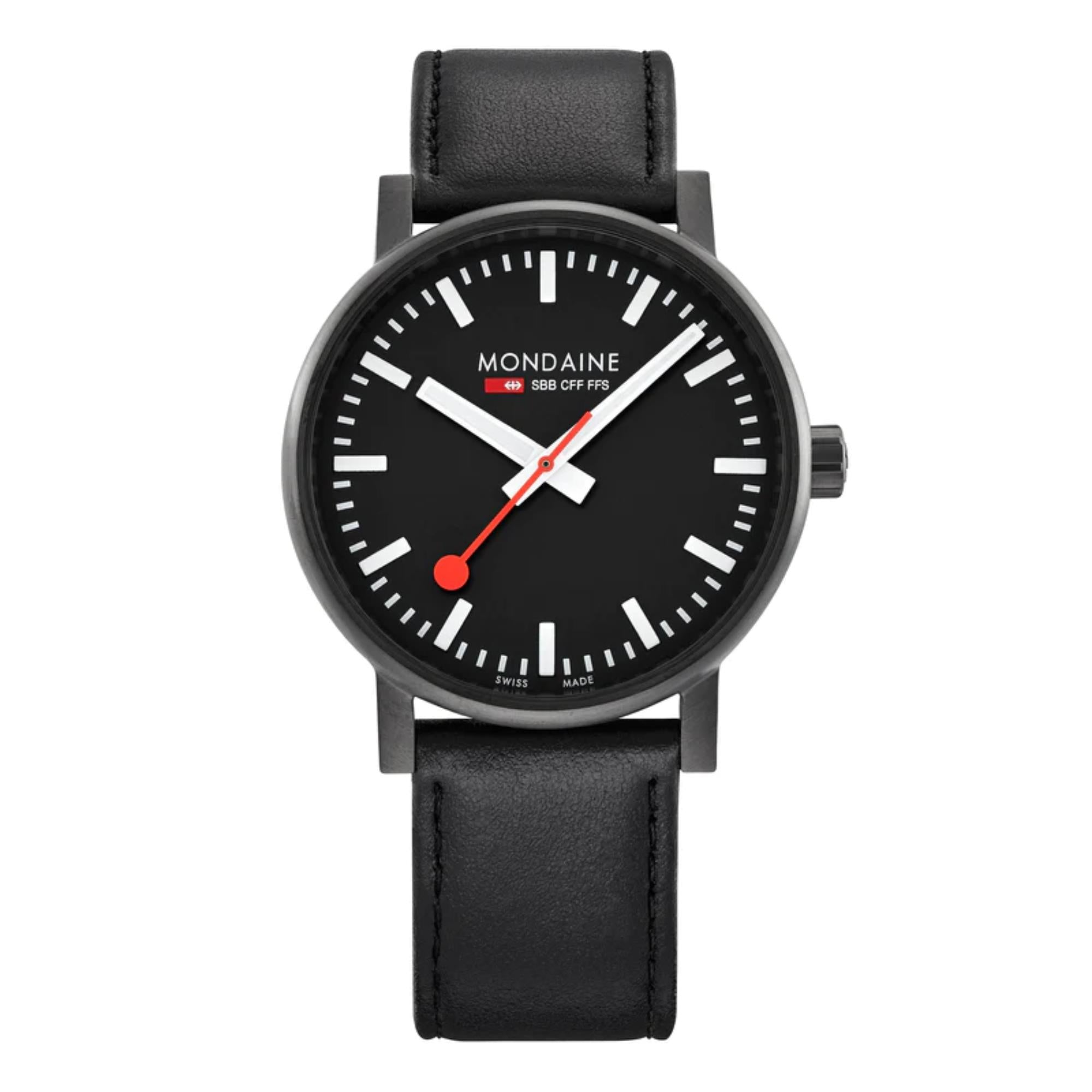 Mondaine evo2 Black IP Case Black Leather Strap Black Dial Men's Watch MSE.40121.LB 40mm