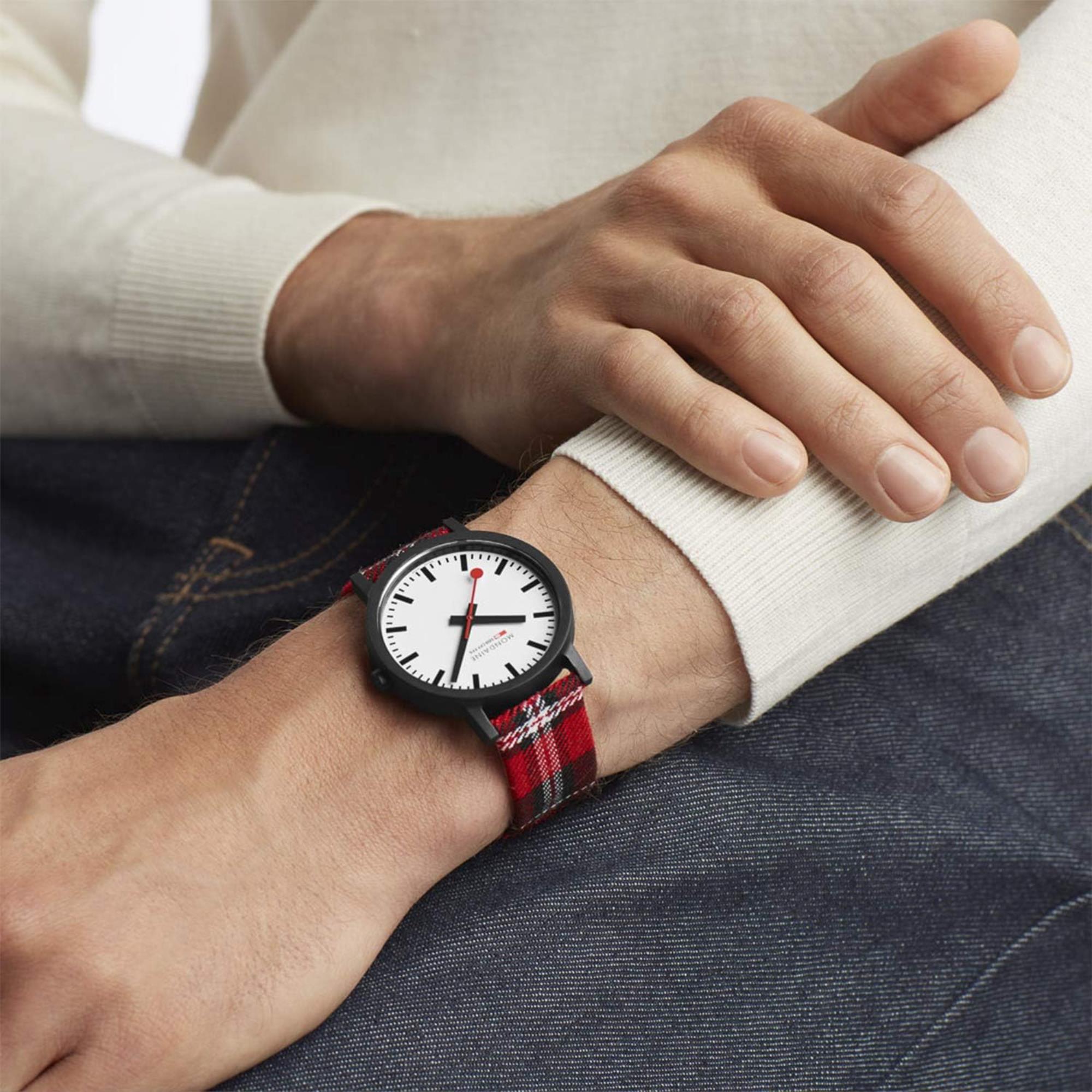 Mondaine Essence Quartz Black PVD White Dial Tartan Cork Strap Watch MS1.41111.LC