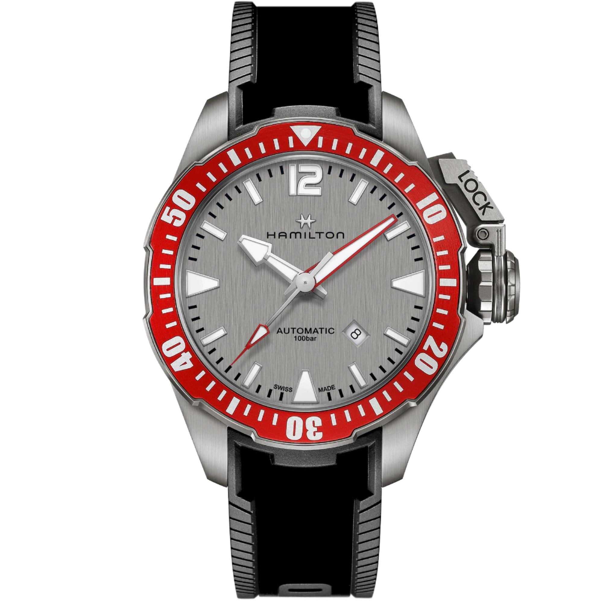 Hamilton Khaki Navy Frogman Titanium Automatic Grey Dial Red Bezel Black Rubber Strap Men's Watch H77805380