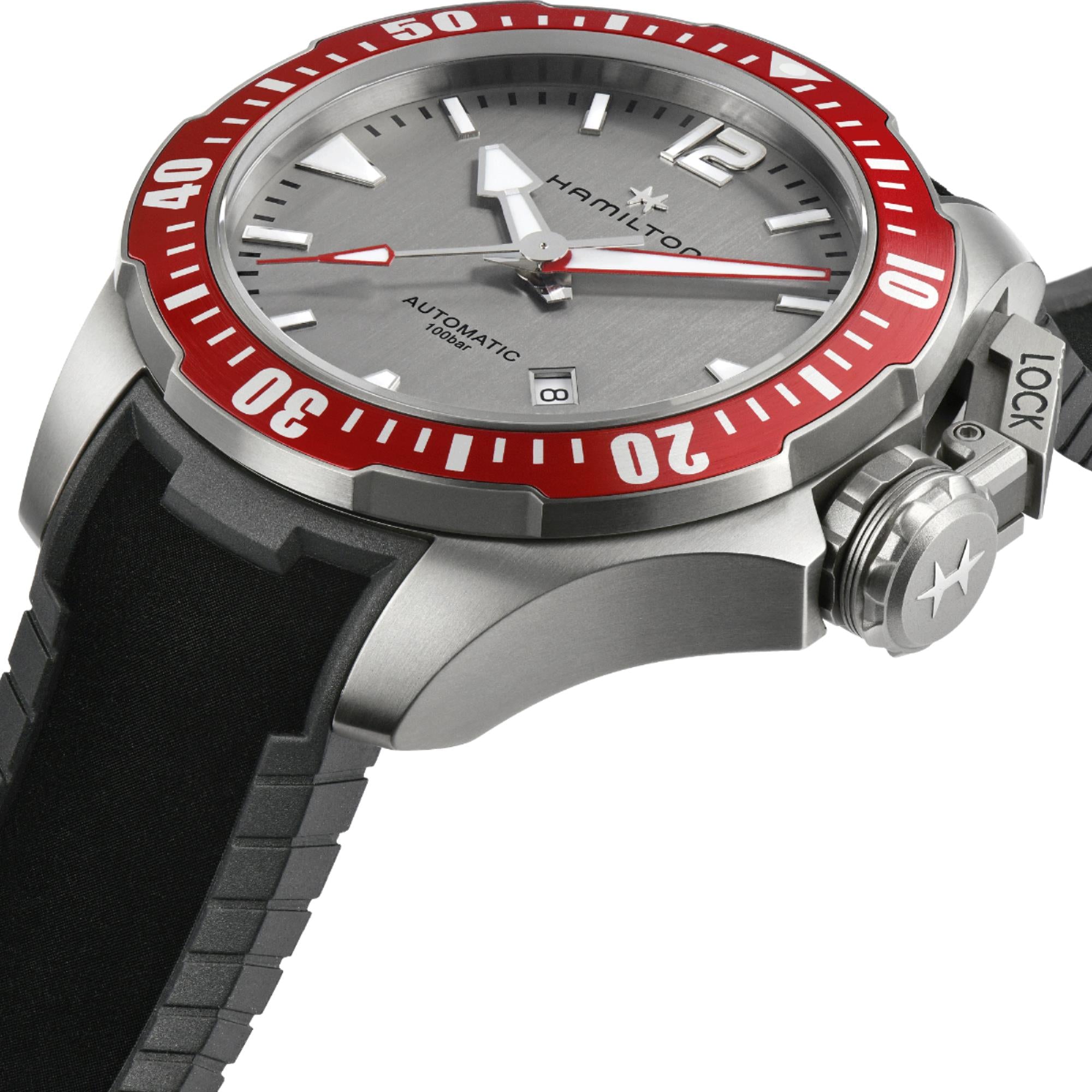 Hamilton Khaki Navy Frogman Titanium Automatic Grey Dial Red Bezel Black Rubber Strap Men's Watch H77805380
