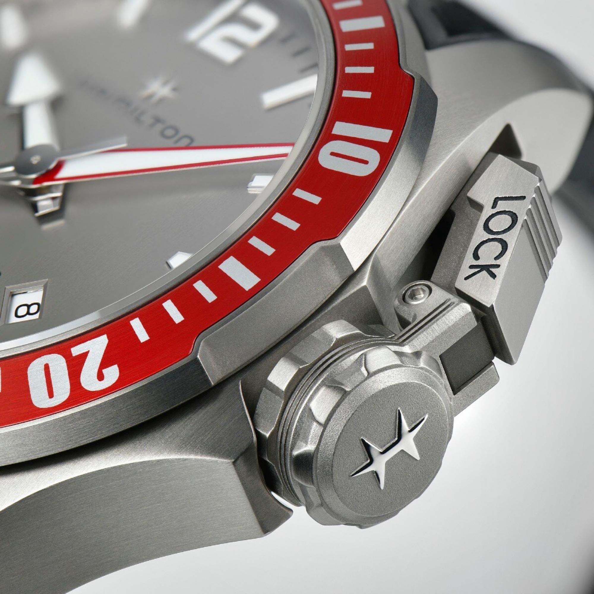 Hamilton Khaki Navy Frogman Titanium Automatic Grey Dial Red Bezel Black Rubber Strap Men's Watch H77805380