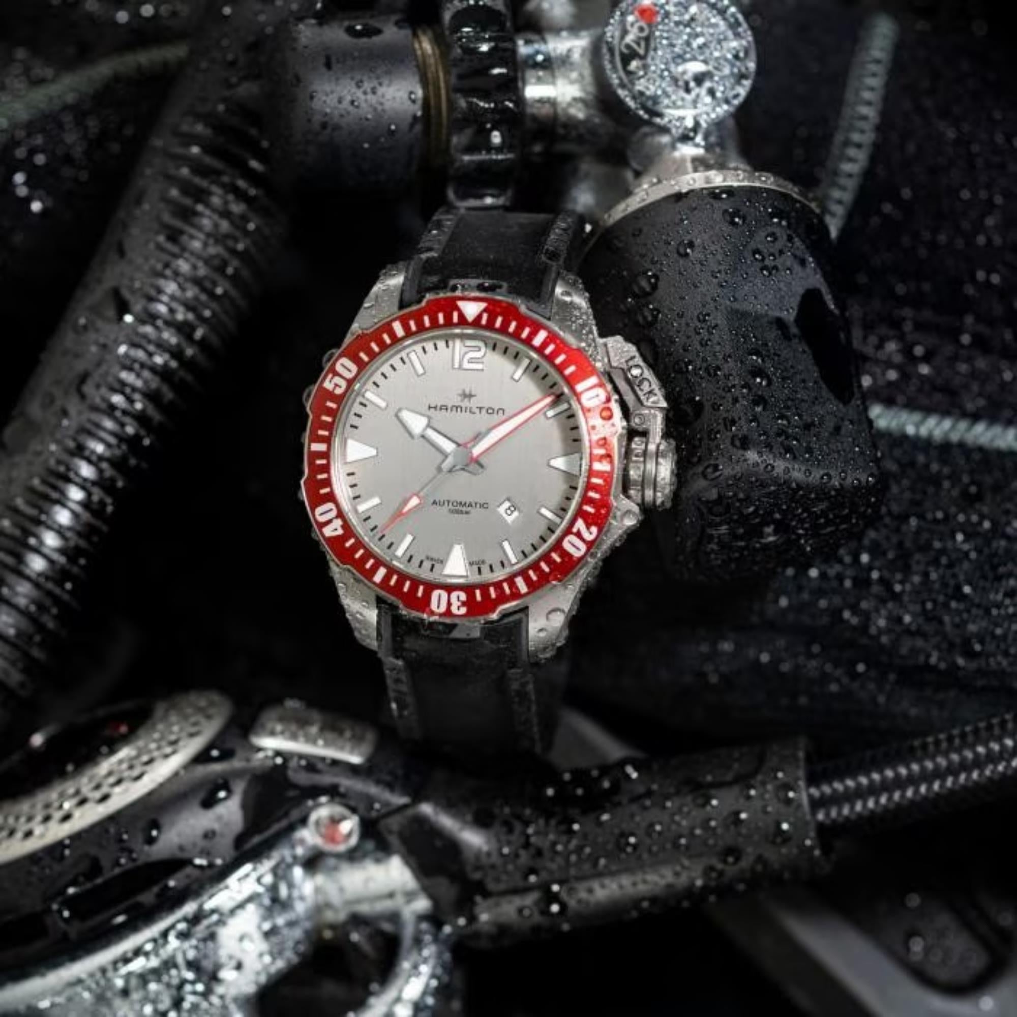 Hamilton Khaki Navy Frogman Titanium Automatic Grey Dial Red Bezel Black Rubber Strap Men's Watch H77805380
