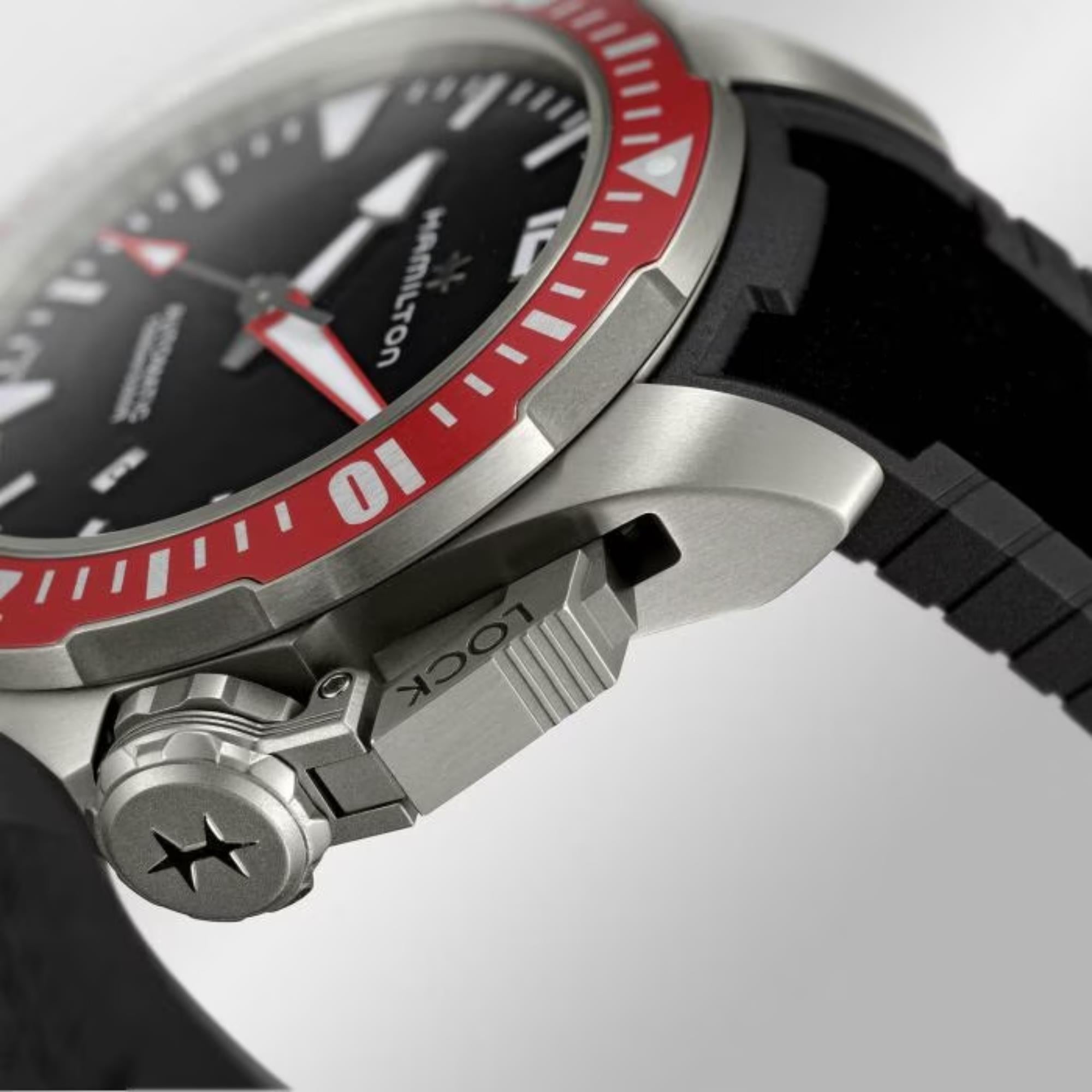 Hamilton Khaki Navy Frogman Titanium Automatic Black Dial Red Bezel Rubber Strap Men's Watch H77805335