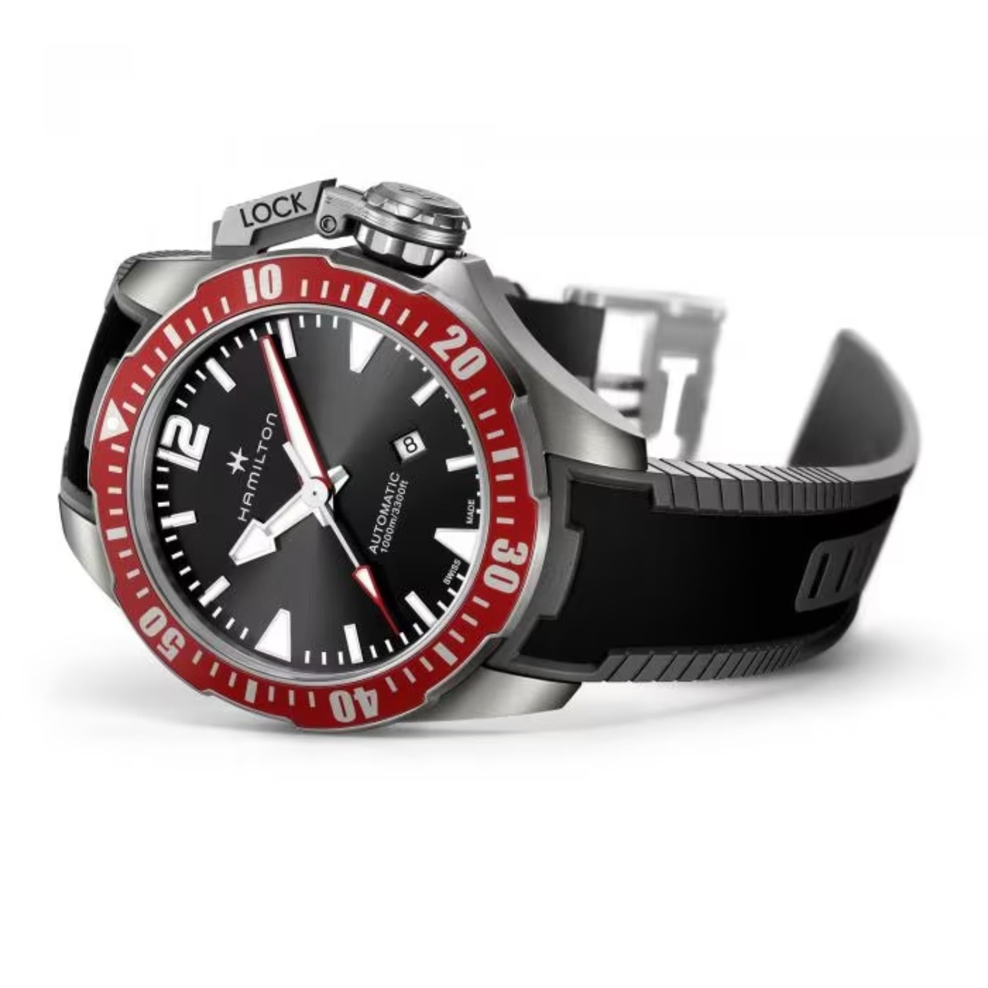 Hamilton Khaki Navy Frogman Titanium Automatic Black Dial Red Bezel Rubber Strap Men's Watch H77805335