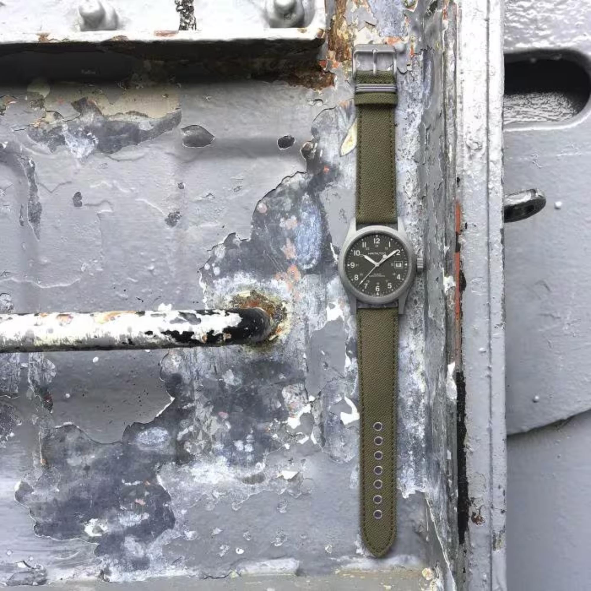 Hamilton Khaki Field Officer 'Pearl Harbour' Mechanical Green Dial Canvas Strap Men's Watch H69439363
