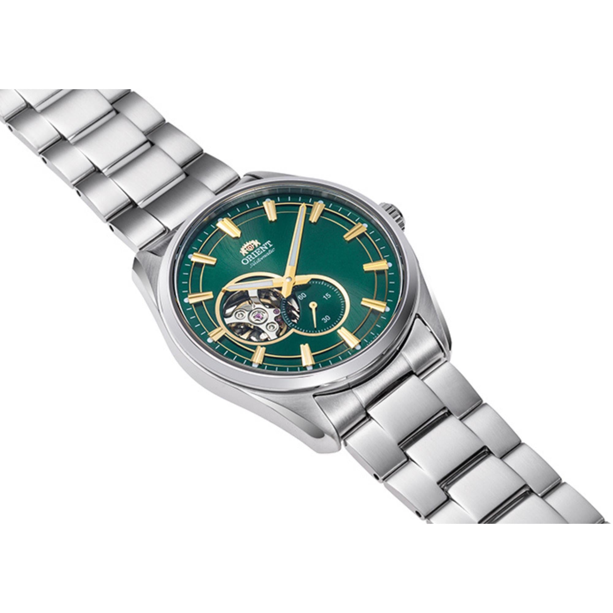 Orient Semi Skeleton Contemporary Green Dial Stainless Steel Bracelet Men’s Watch RA-AR0008E10B