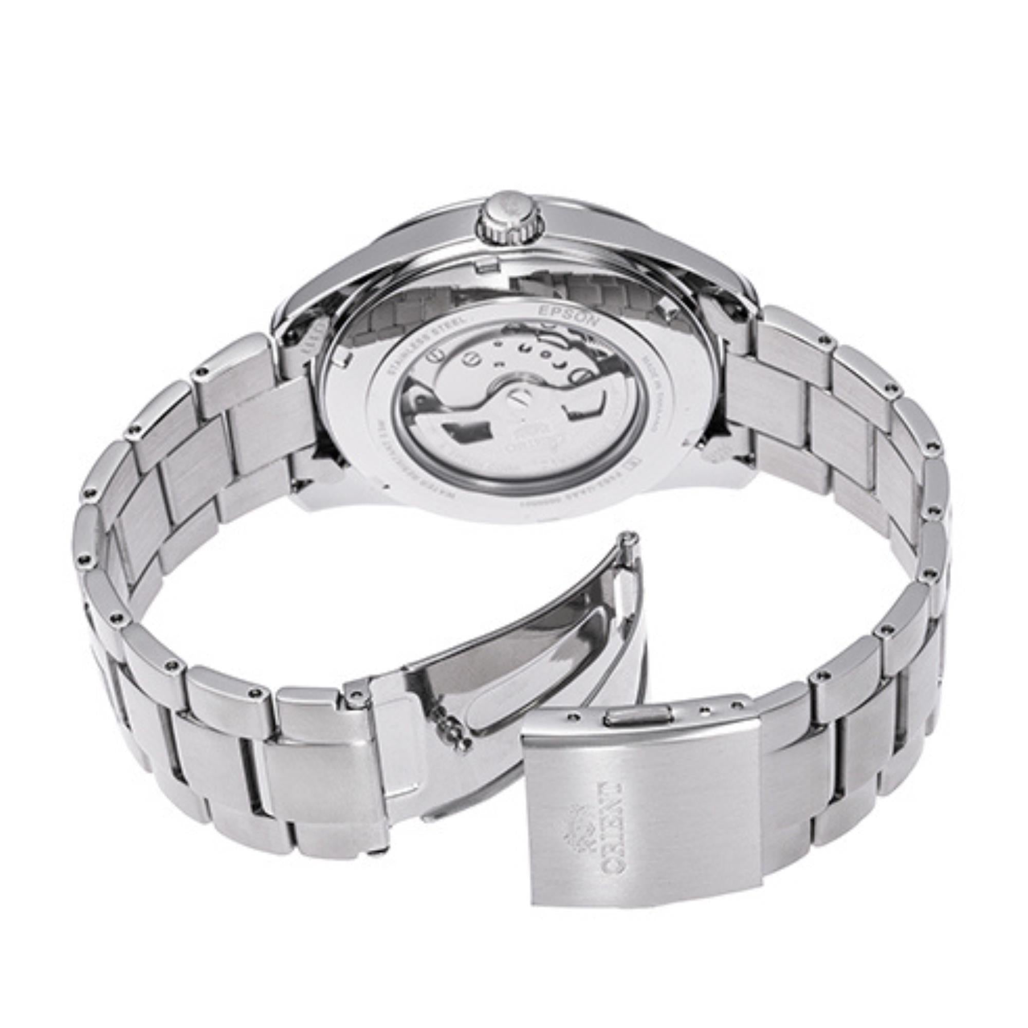 Orient Semi Skeleton Contemporary Green Dial Stainless Steel Bracelet Men’s Watch RA-AR0008E10B
