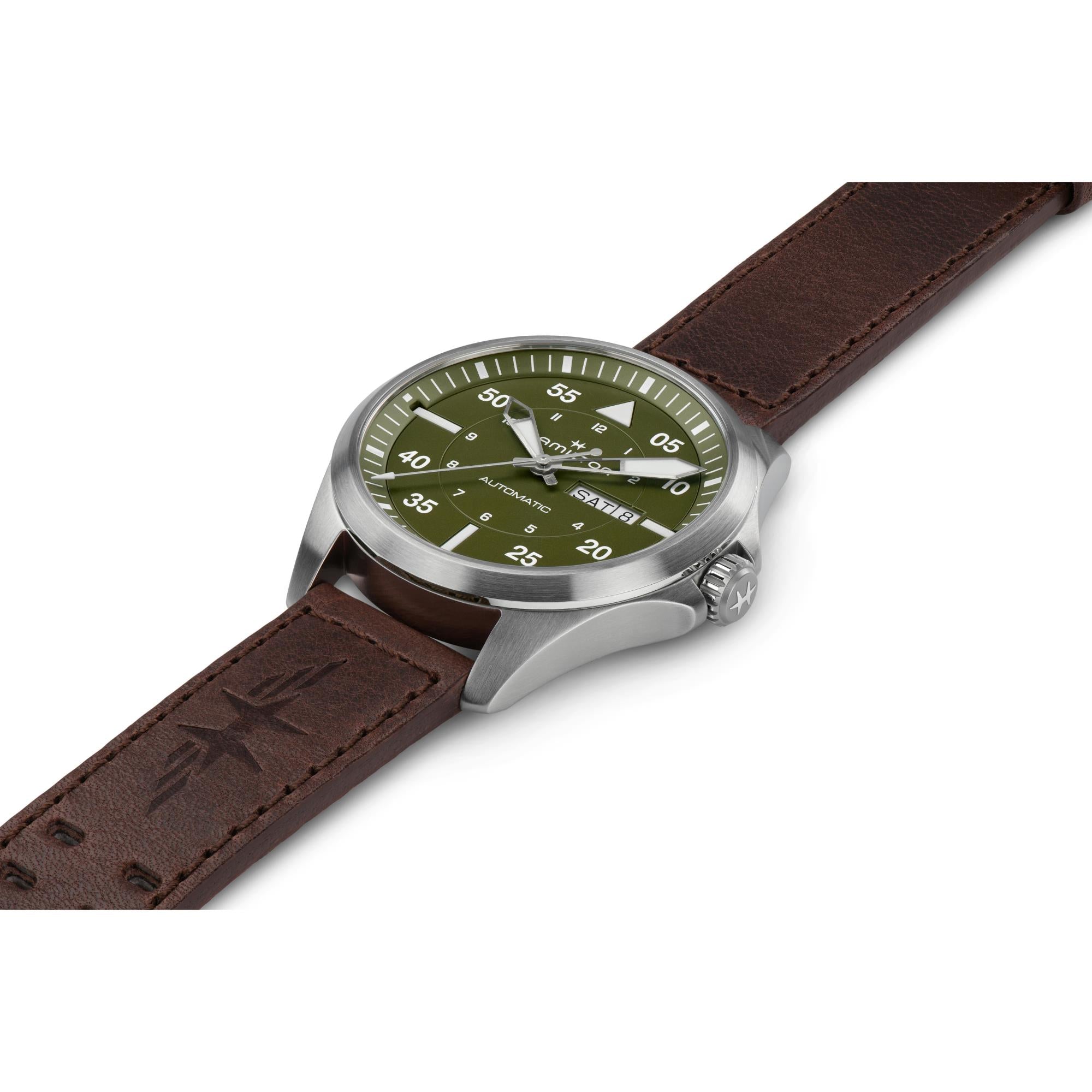 Hamilton Khaki Pilot Day Date Automatic Green Dial Leather Strap Men's Watch H64635560