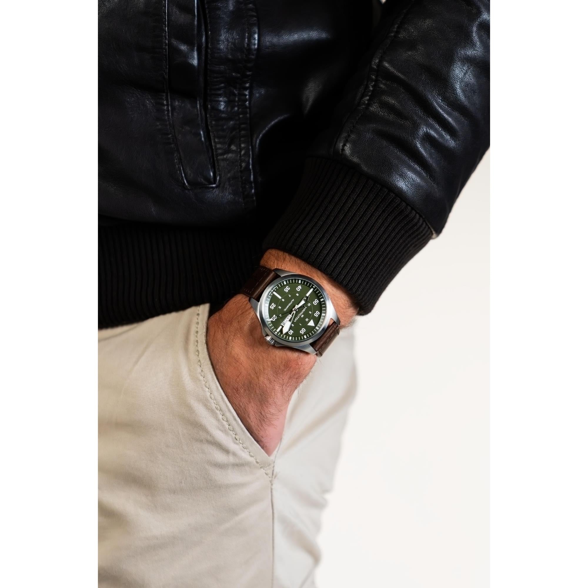 Hamilton Khaki Pilot Day Date Automatic Green Dial Leather Strap Men's Watch H64635560