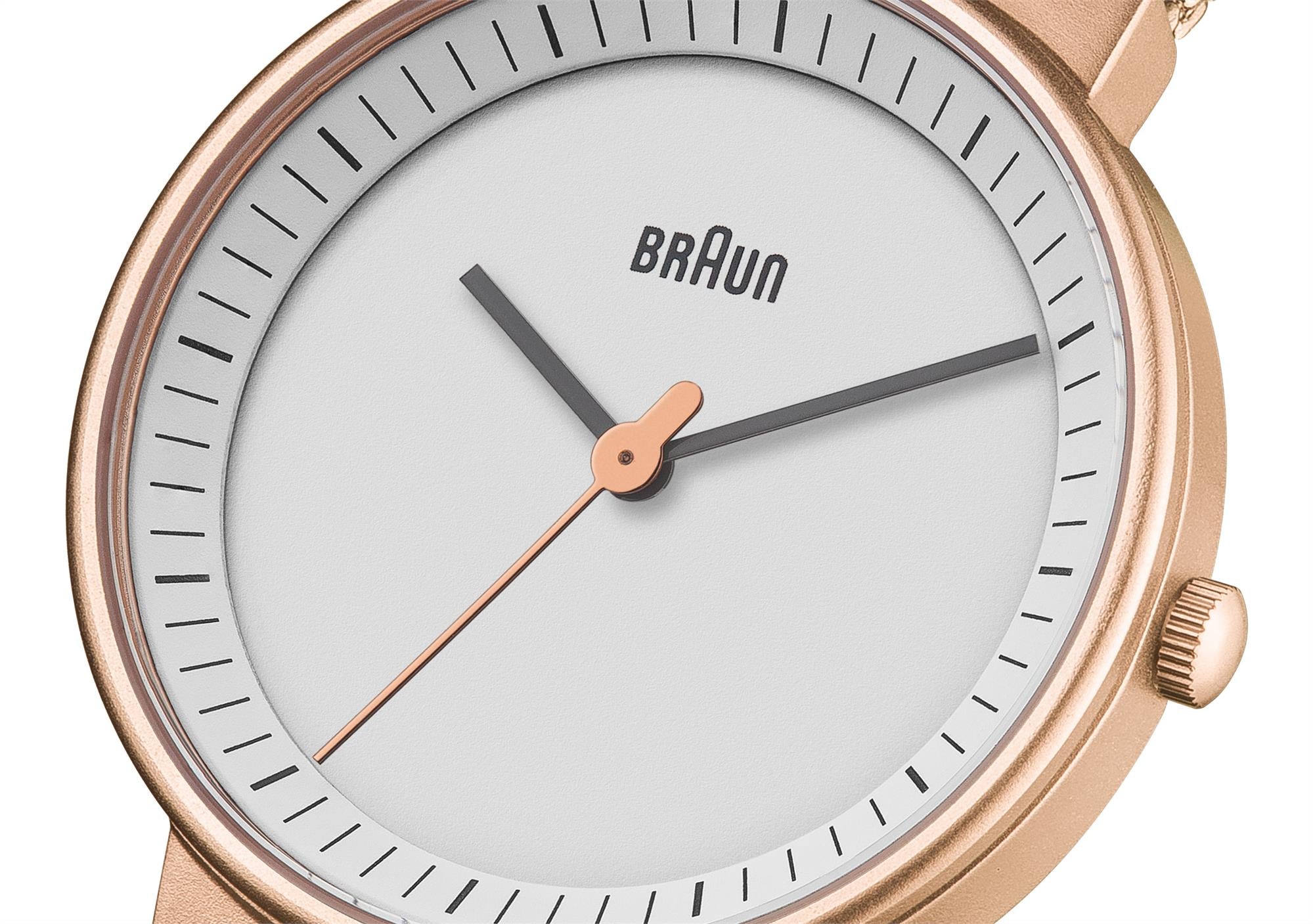 Braun Classic Quartz White Dial Rose Gold Mesh Strap Ladies Watch BN0031RGMHL