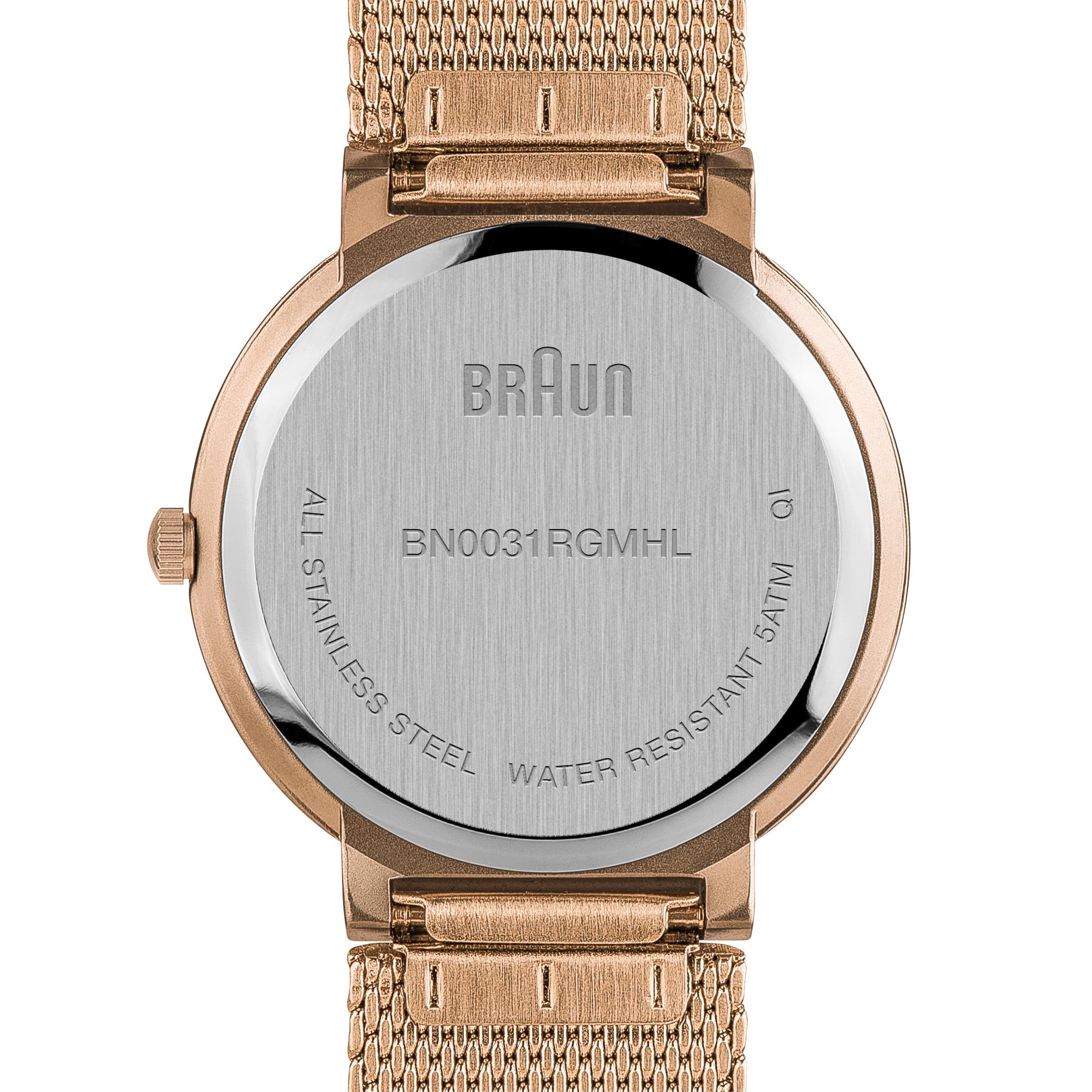 Braun Classic Quartz White Dial Rose Gold Mesh Strap Ladies Watch BN0031RGMHL