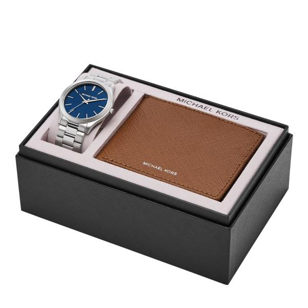 Michael Kors Slim Runway Stainless Steel Blue Dial Men's Watch and Saffiano Leather Wallet Gift Set MK1060SET