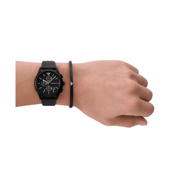 Emporio Armani Chronograph Black Leather Strap Black Dial Men's Watch and Bracelet Gift Set AR80070SET