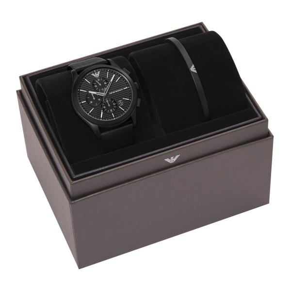 Emporio Armani Chronograph Black Leather Strap Black Dial Men's Watch and Bracelet Gift Set AR80070SET