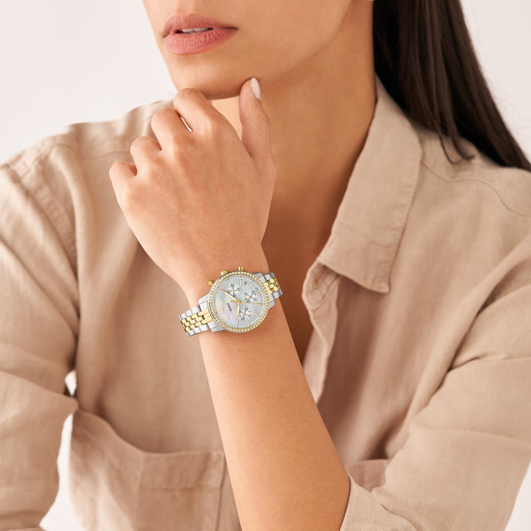 Fossil Neutra Chronograph Two-Tone Stainless Steel Bracelet White Mother of Pearl Dial Women's Watch ES5216