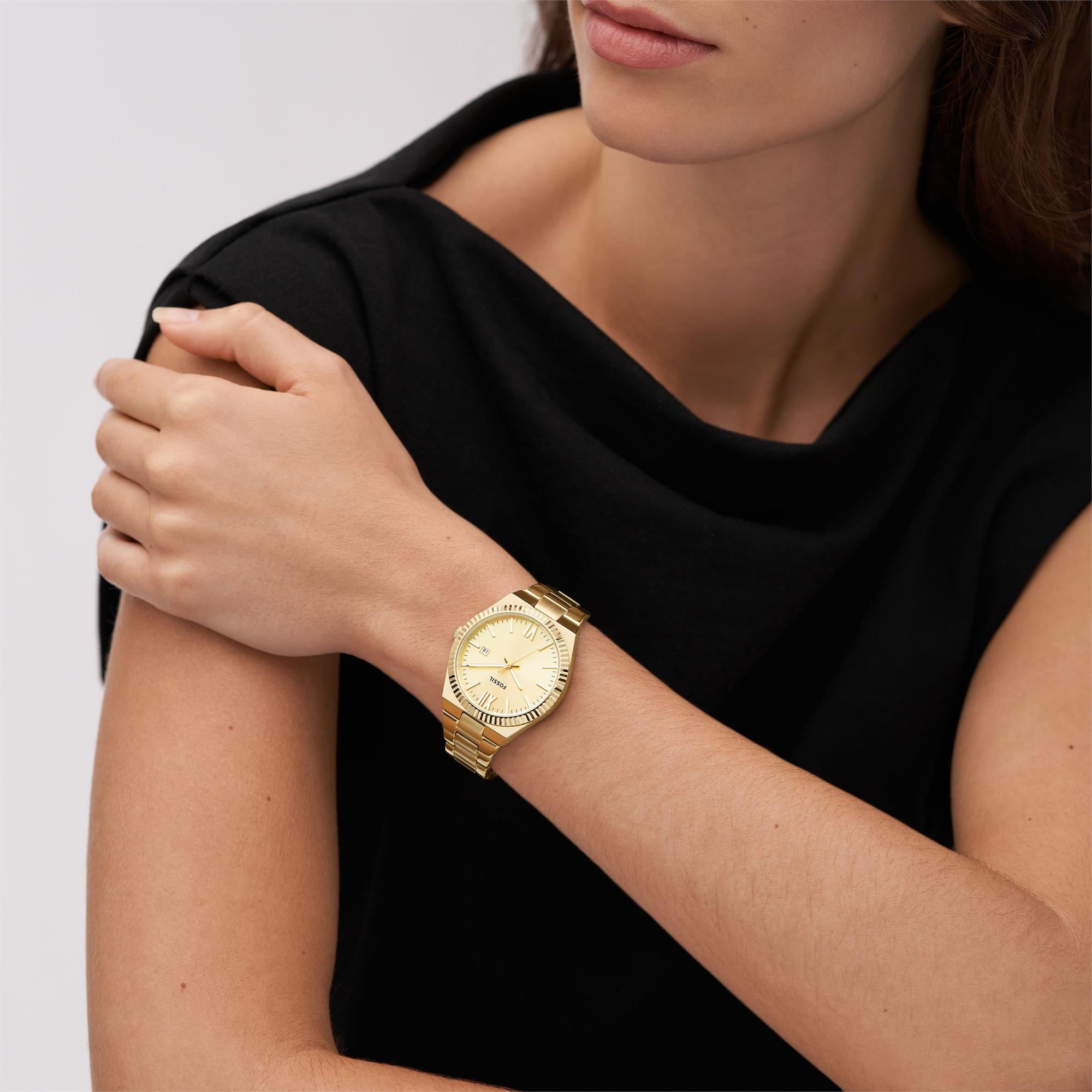 Fossil Scarlette Date Gold-Tone Stainless Steel Gold Dial Women's Watch ES5299