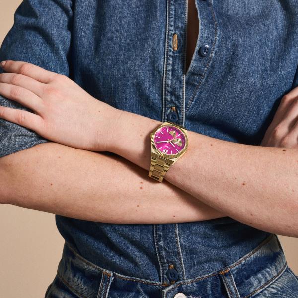 Fossil Scarlette Pink Dial with Gold-Tone Stainless Steel Ladies Watch ES5325