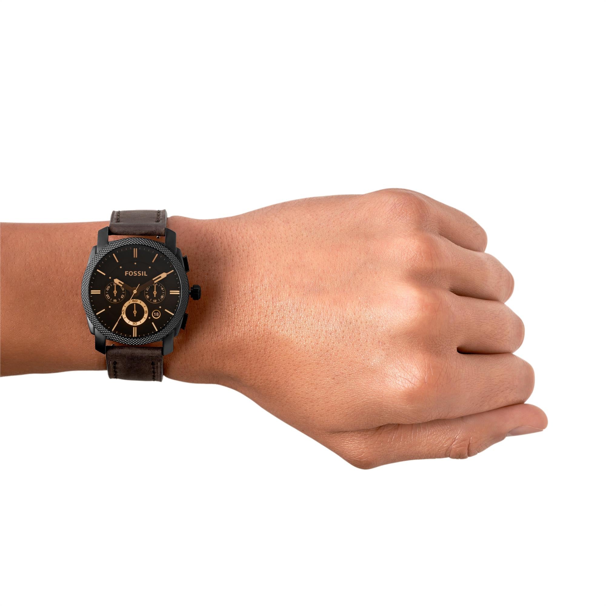 Fossil Machine Chronograph Brown Leather Strap Black Dial Men's Watch FS4656