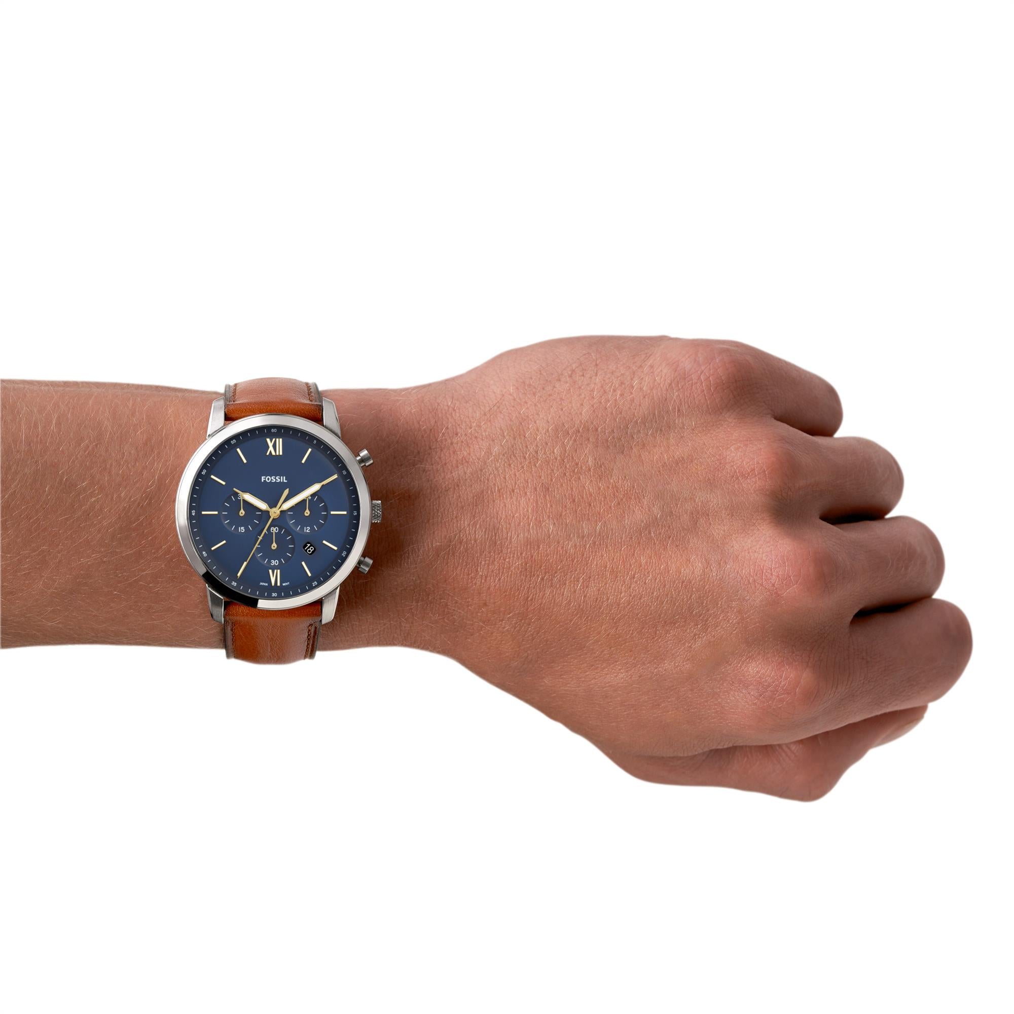 Fossil Neutra Chrono Stainless Steel Brown Leather Strap Blue Dial Men's Watch FS5453
